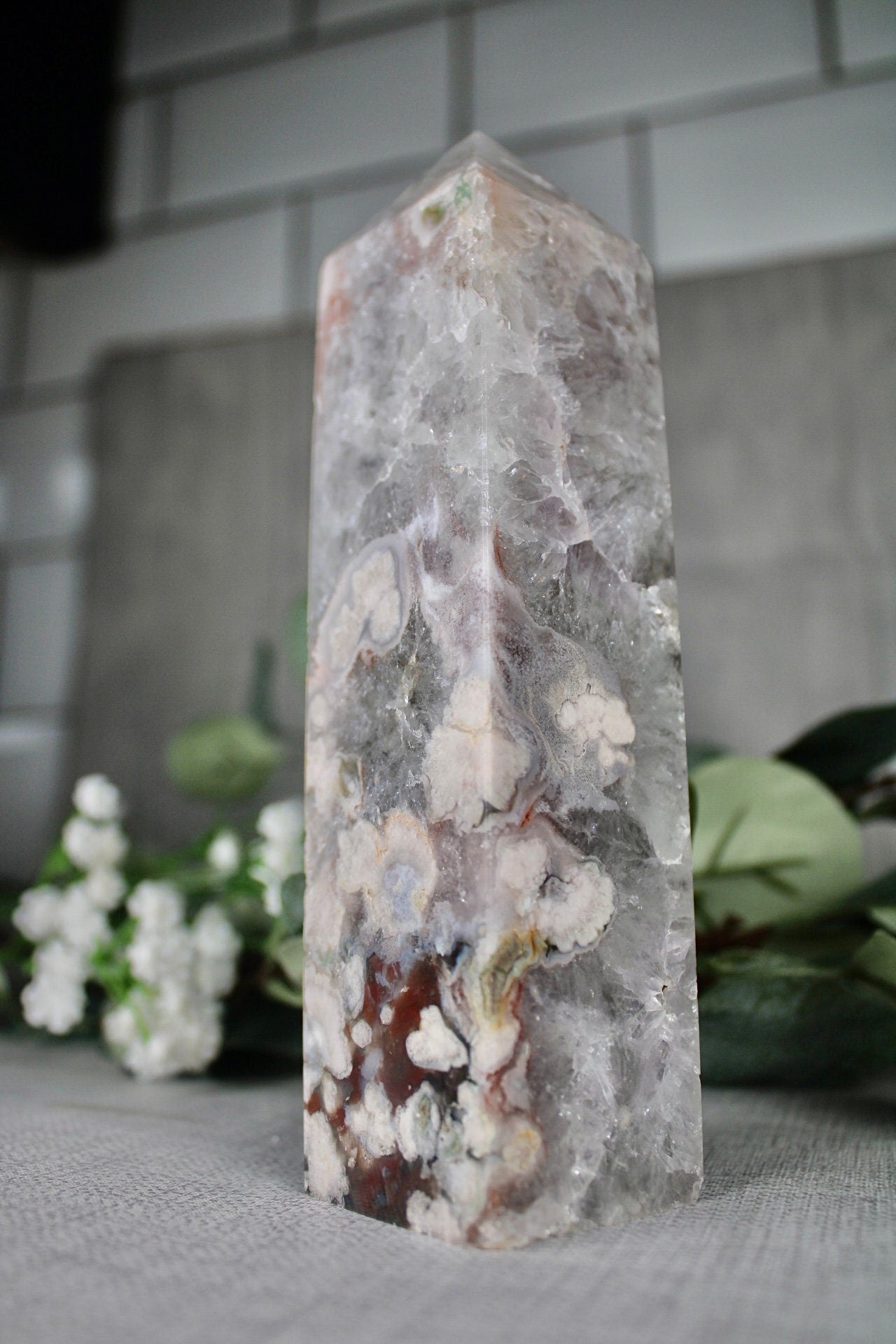 Green chlorite x flower agate tower 635g 16.5cm (H) 4.5cm (W)