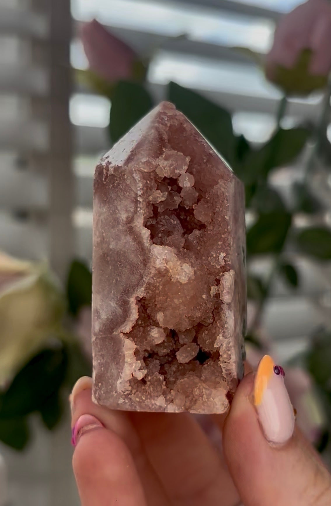 Small, Pink amethyst tower with druzy