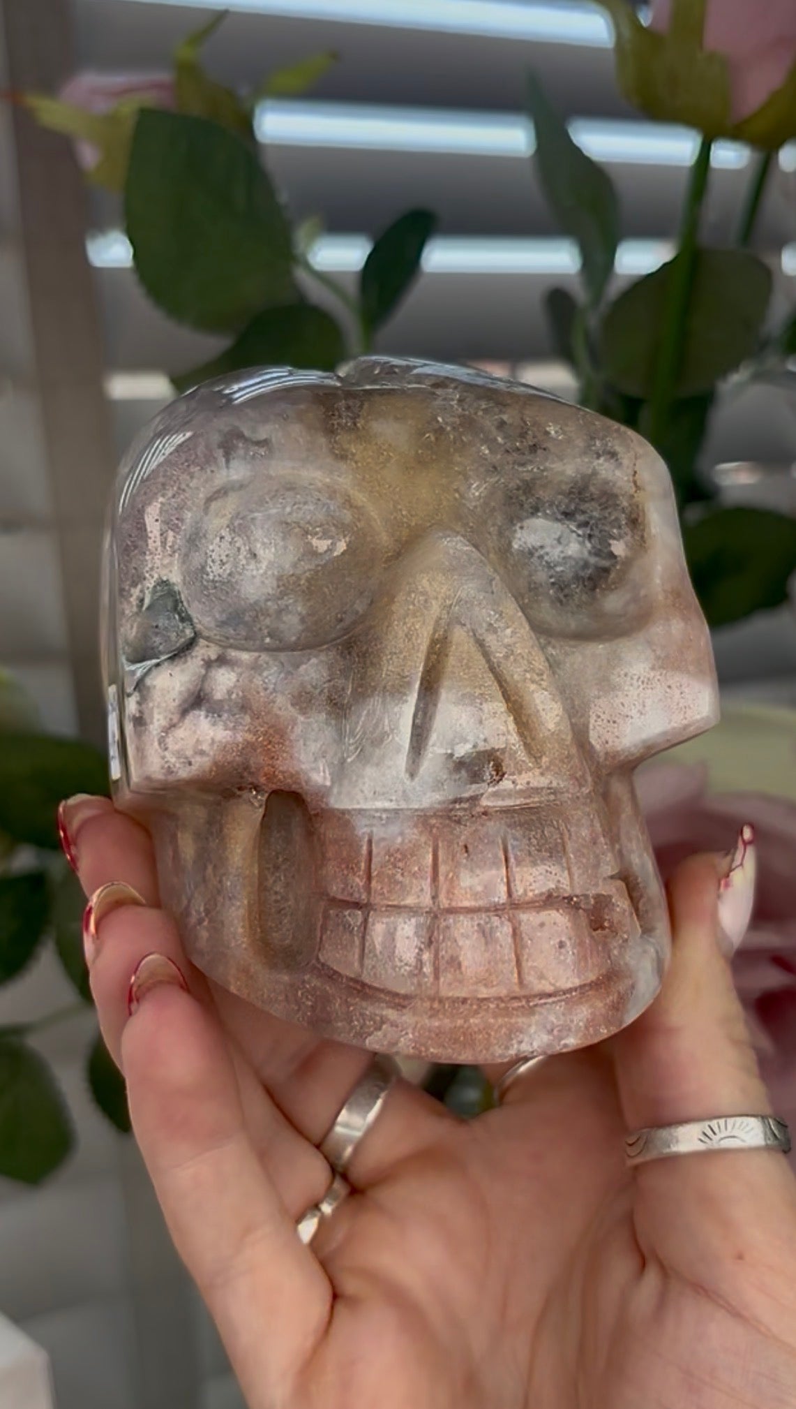 High grade, pink amethyst skull carving