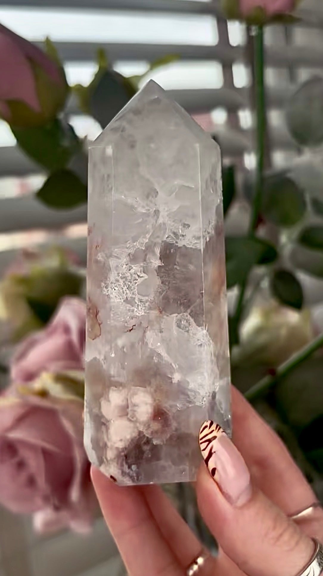 Stunning!! Super high quality, Druzy, green chlorite x blue flower agate tower