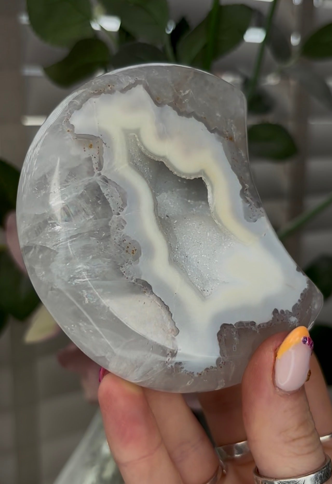 Beautiful, high grade, agate moon with druzy - comes with stand