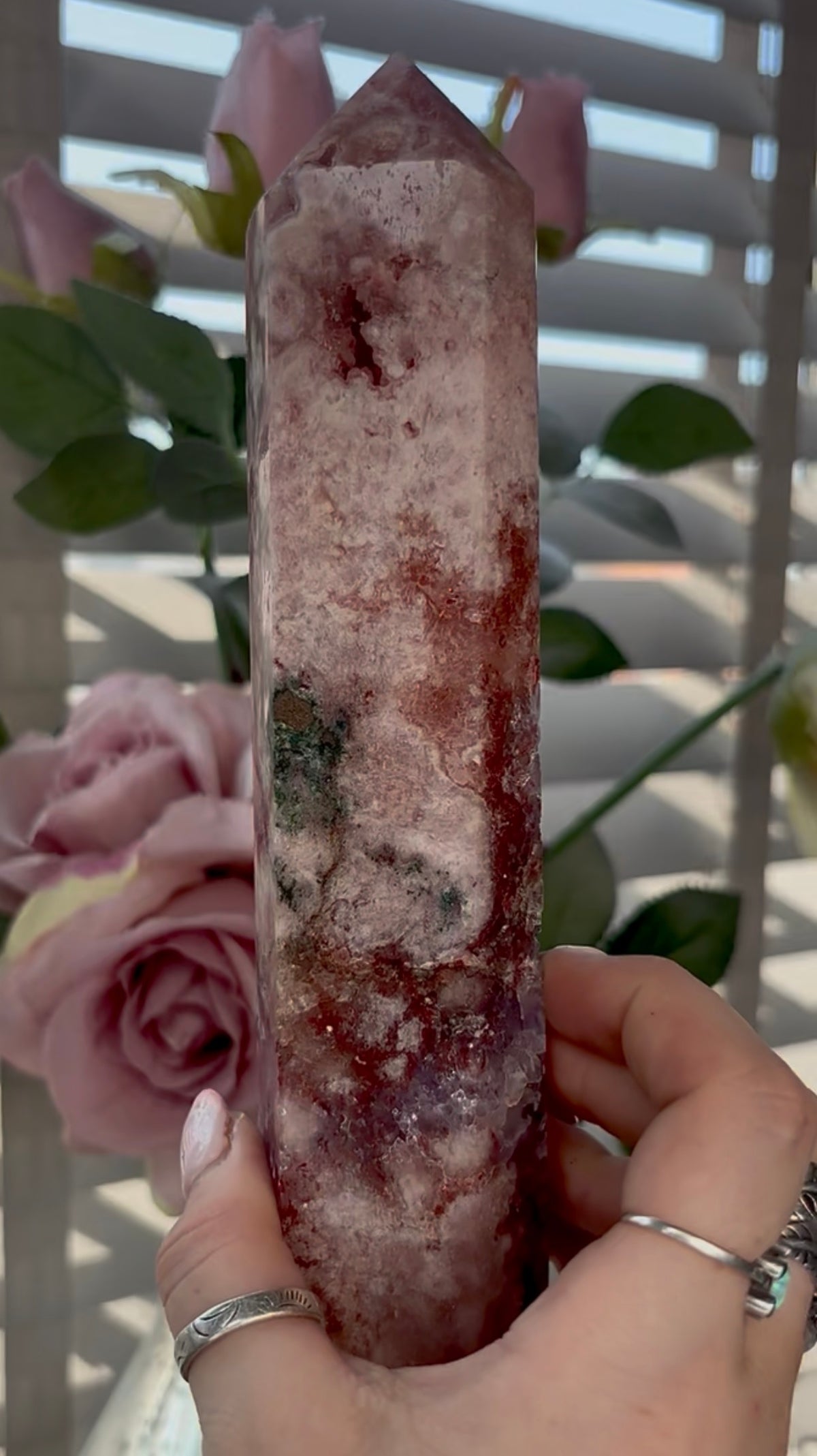 Beautiful, high quality, tall, Pink amethyst tower with purple quartz & red hematite - 20cm