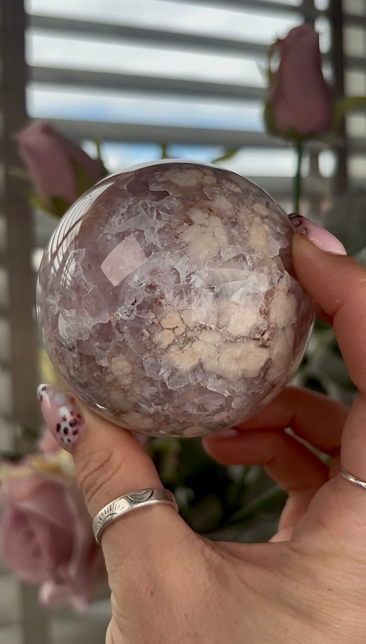 amethyst Flower agate sphere with high clarity quartz - 7.5cm