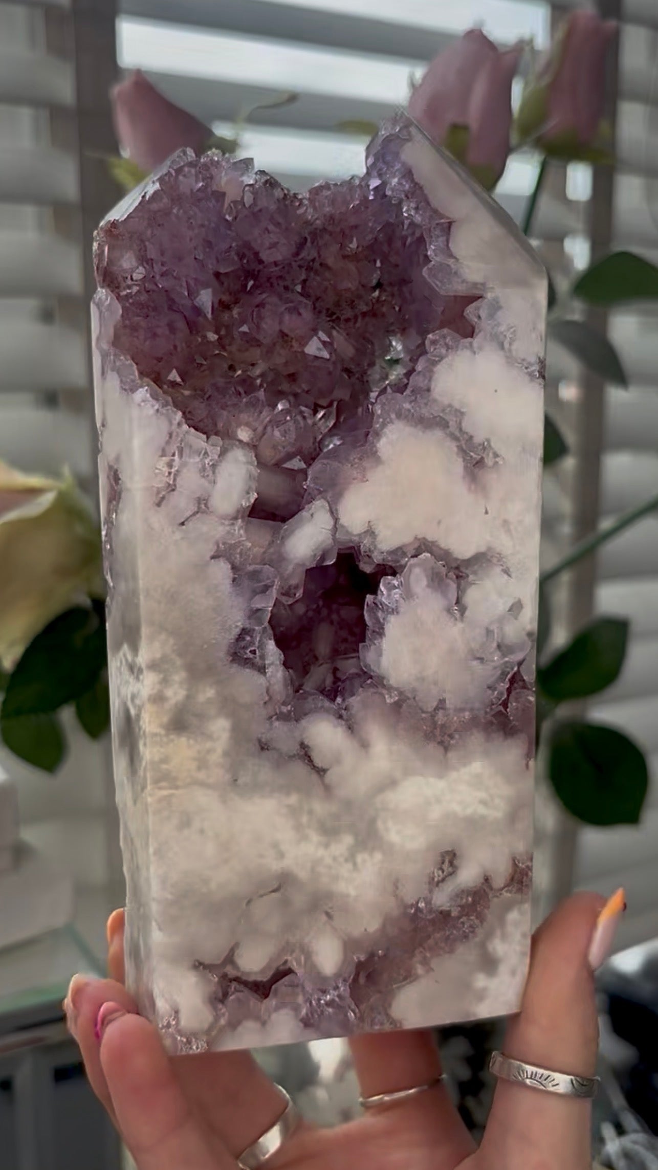 Huge, High quality, Pink amethyst tower, with purple quartz druzy