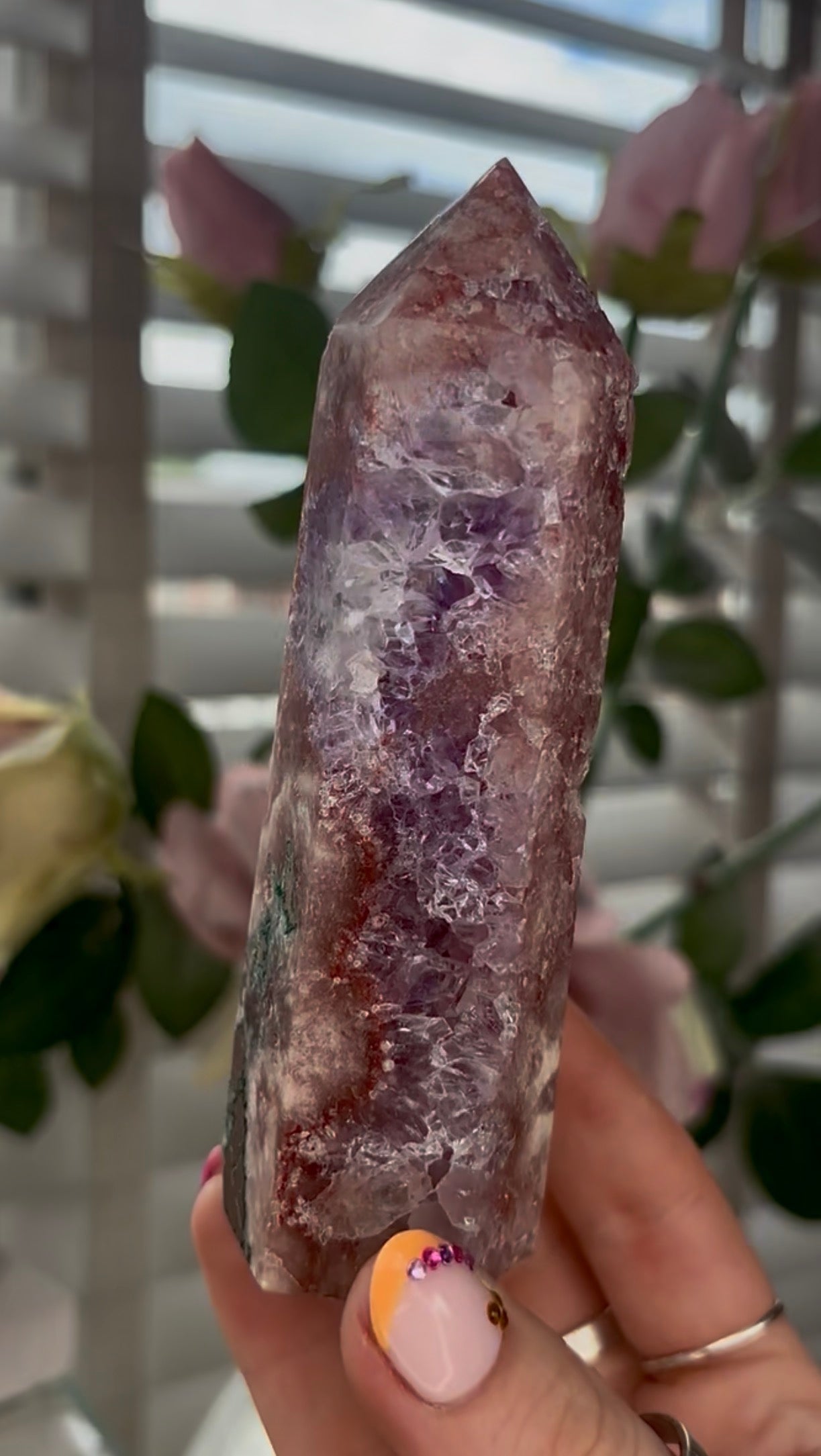 Pretty, Pink amethyst tower with quartz & Green jasper