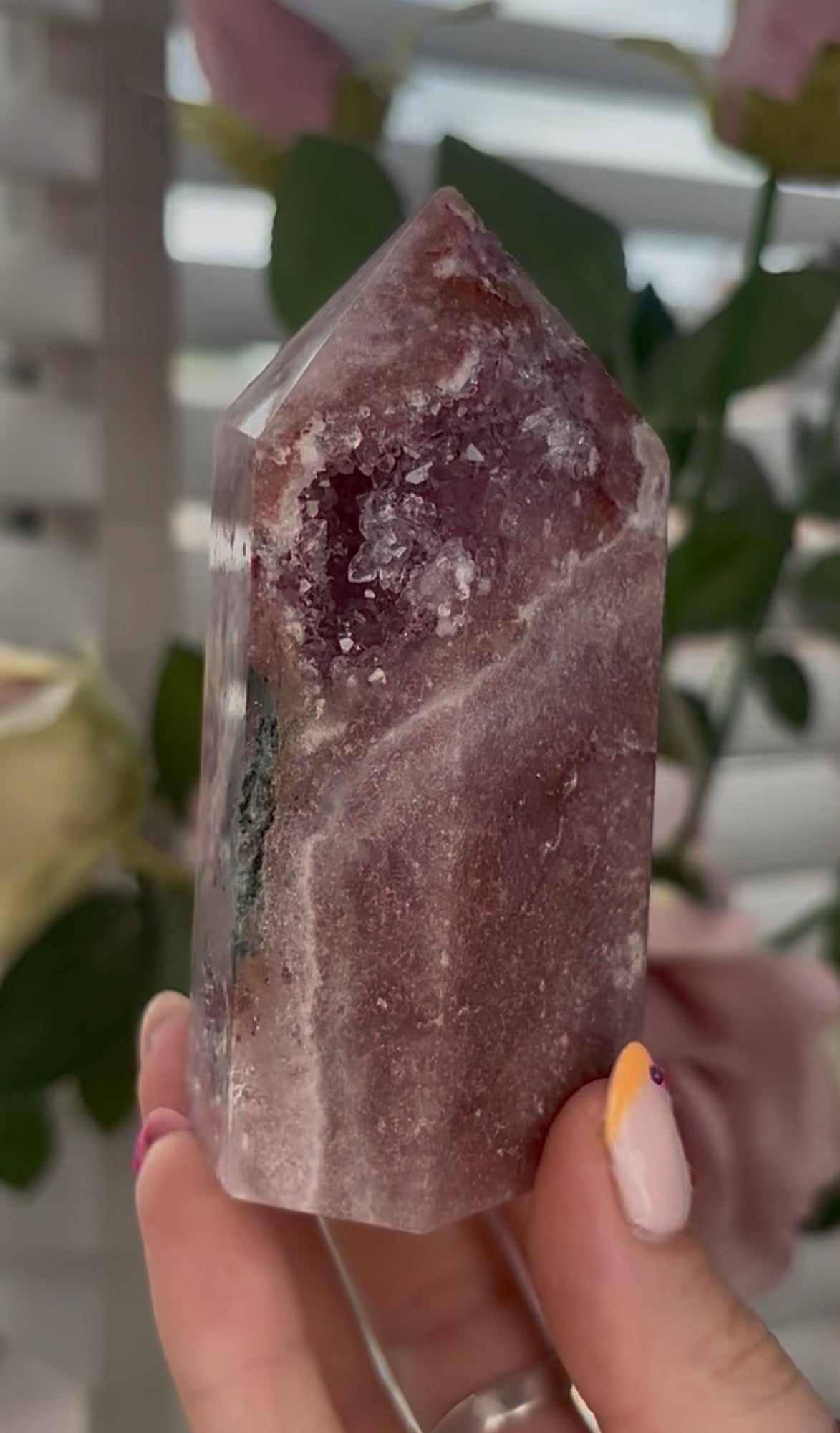 Pretty, Pink amethyst tower, with Green jasper
