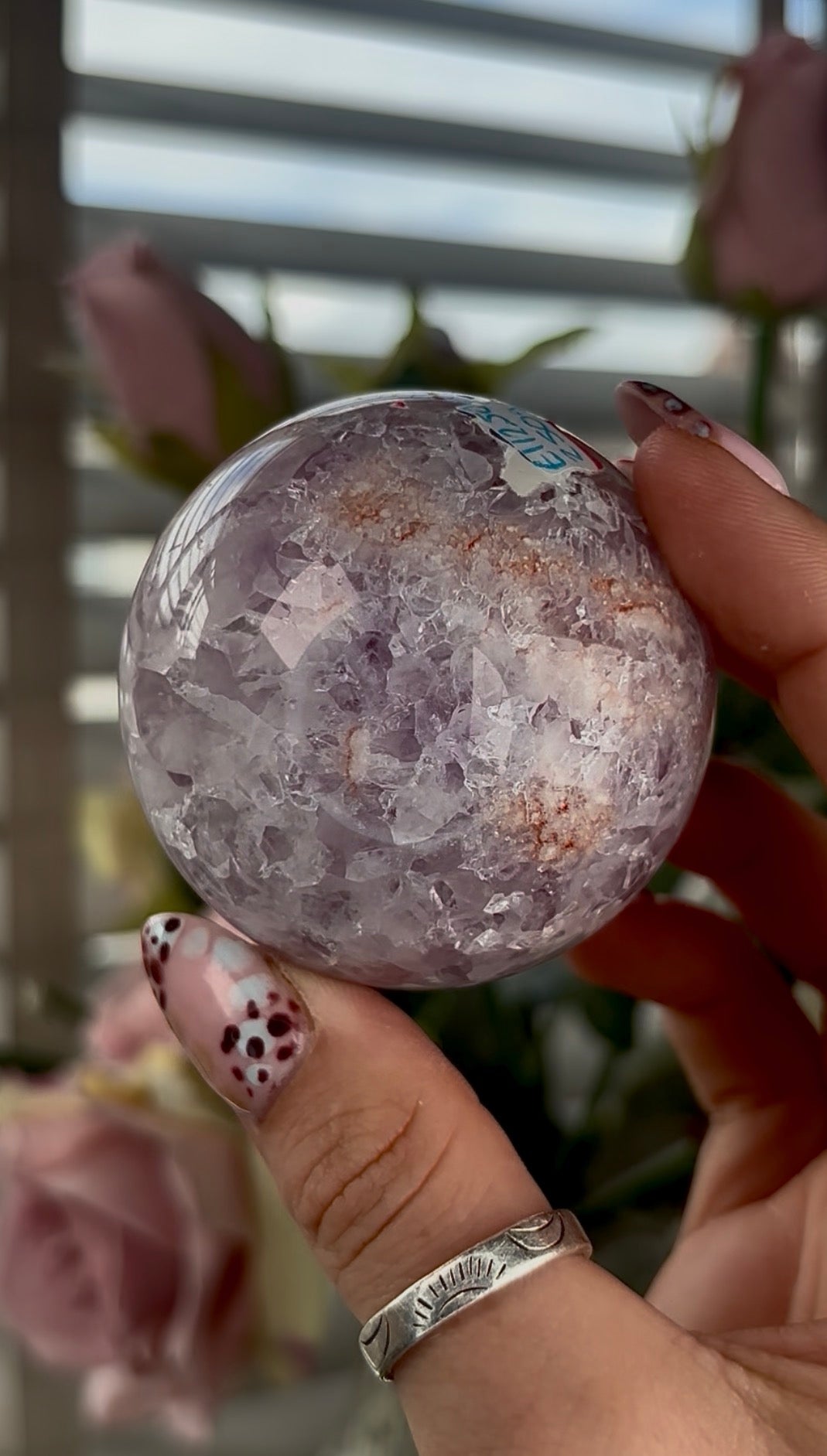 High grade, amethyst Flower agate sphere with high clarity quartz