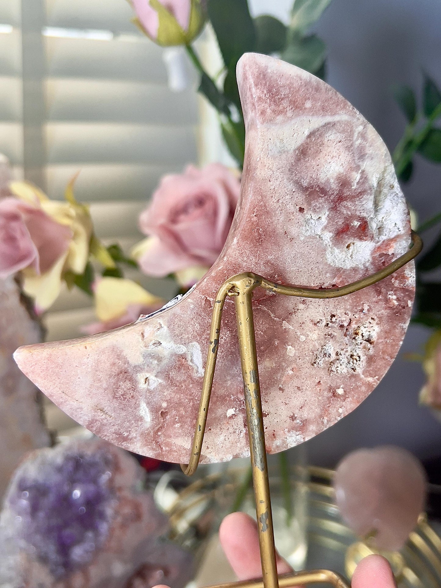 High grade, pink amethyst moon with red hematite, quartz druzy - stand is slightly scratched (see photos)