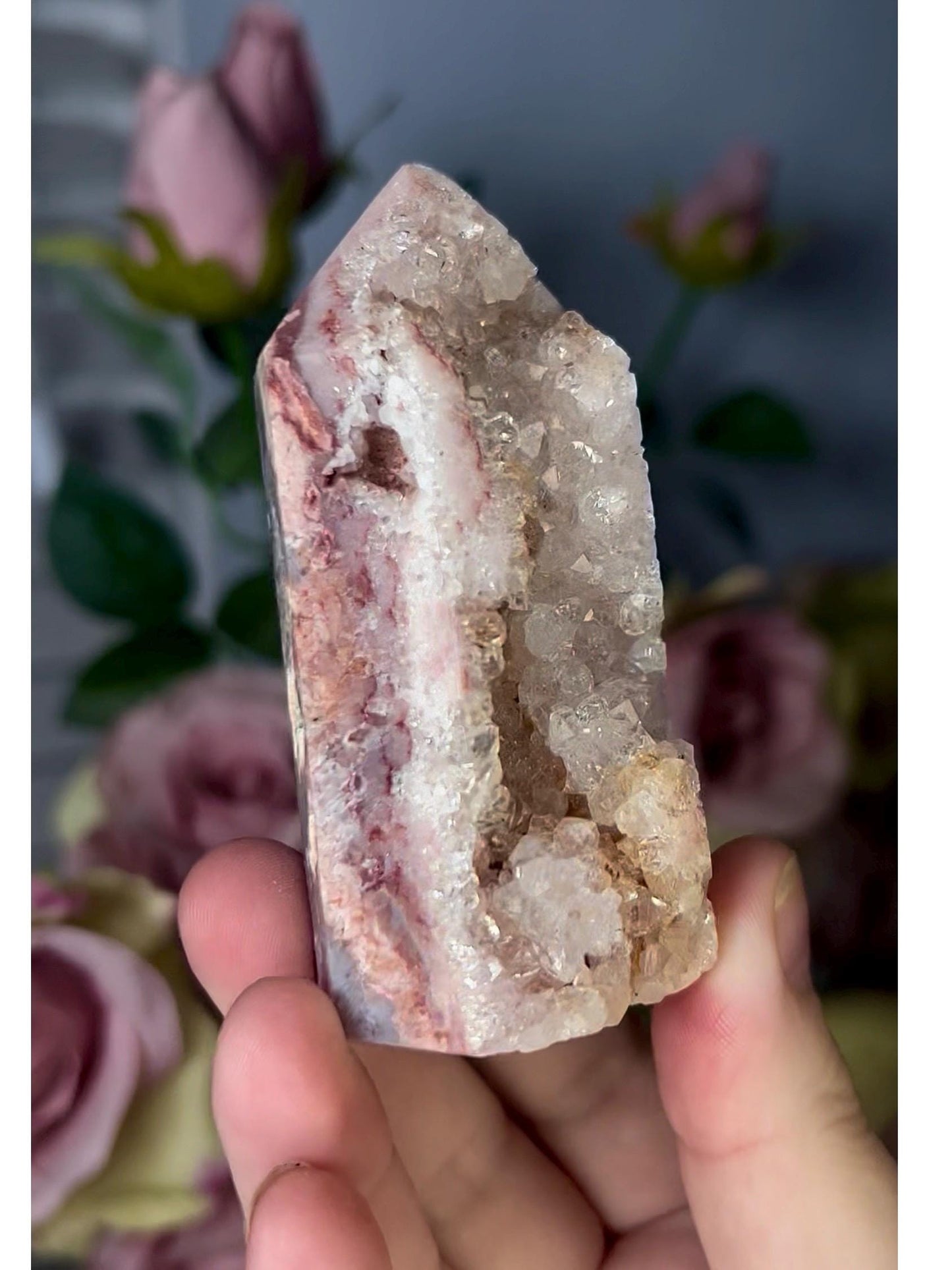 High grade, druzy, pink amethyst tower 179g