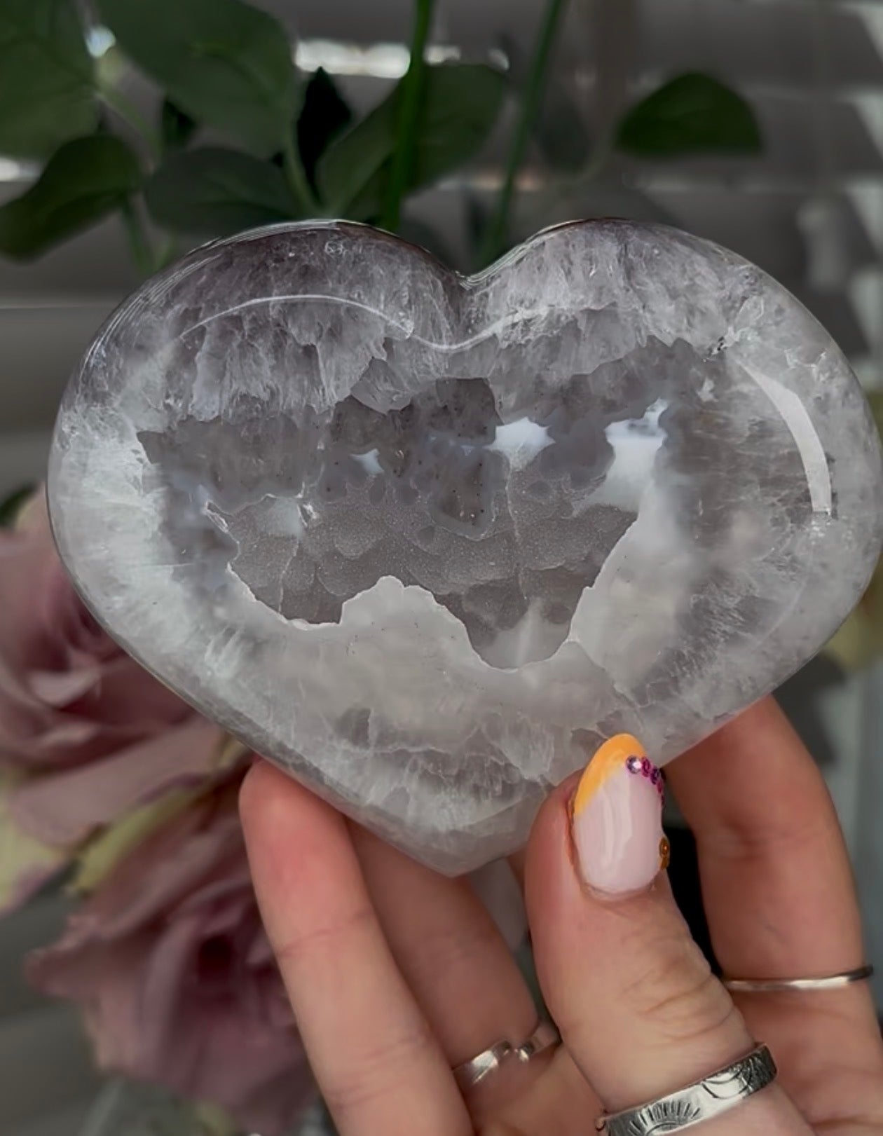 Beautiful, high quality, agate heart with druzy - stand included