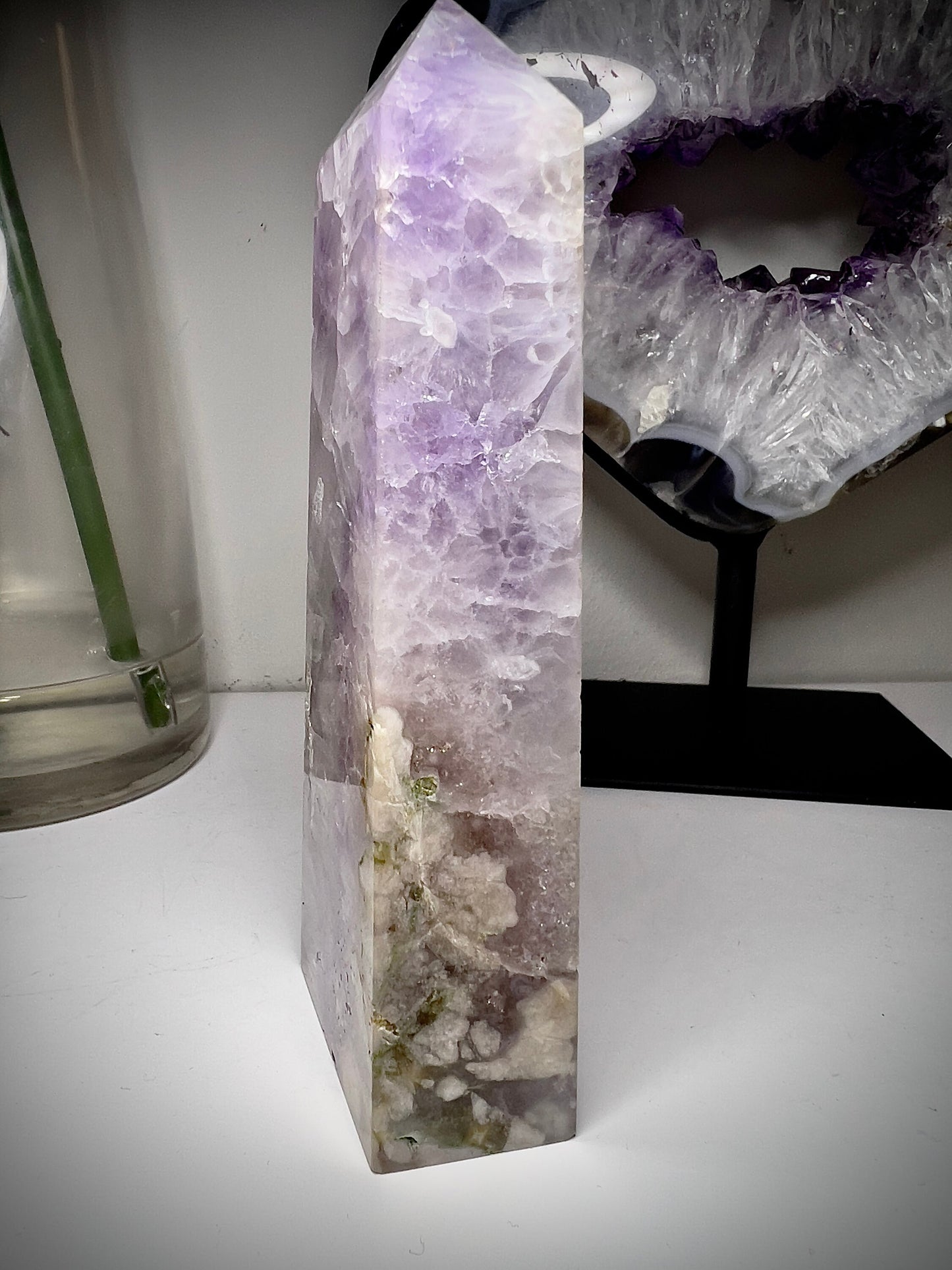 Super high quality amethyst x flower agate tower 320g 14cm