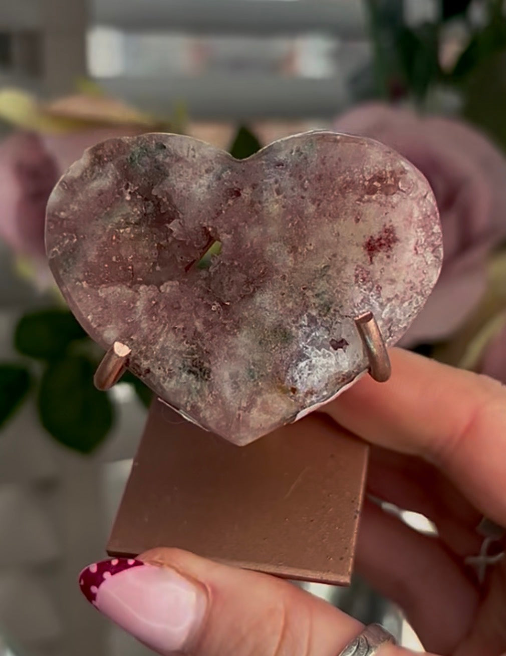 Mini pink amethyst heart - comes with stand