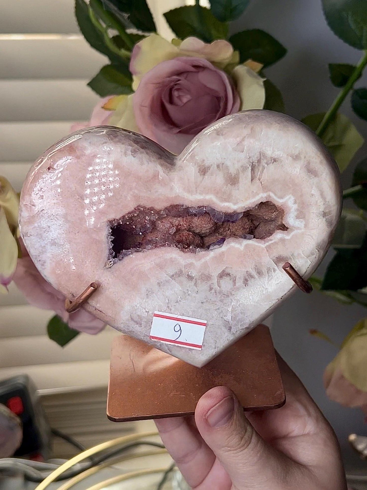 Extra high quality, large Chonky, pink amethyst heart, with purple/ red quartz druzy mouth 850g