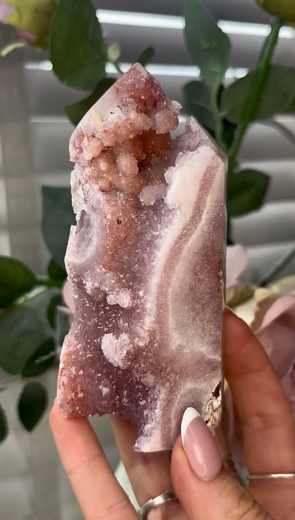 Beautiful, hq, druzy, Pink amethyst tower 11.7cm(h) by 5.4cm(w)