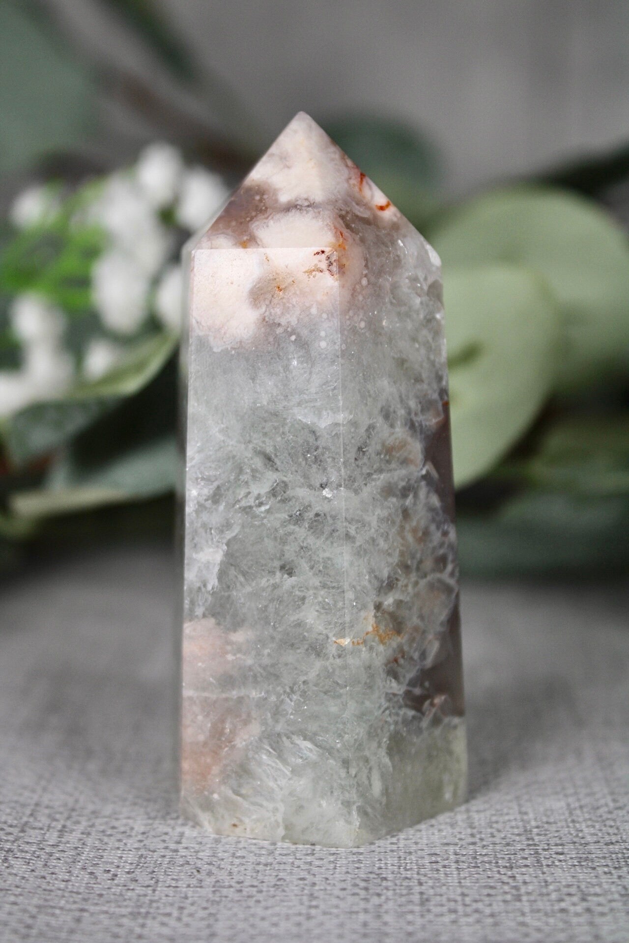 Chlorite flower agate, 6 sided, polished tower 145g 8cm