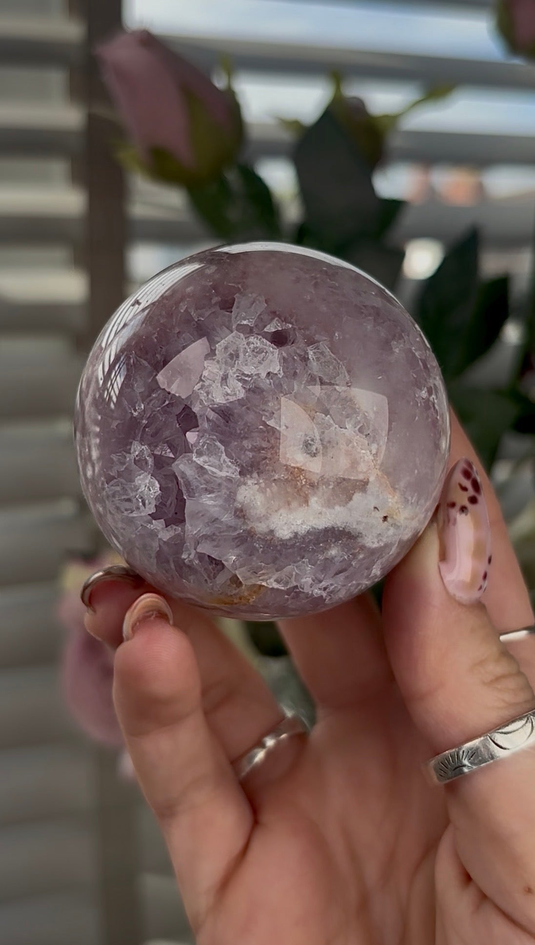 High grade, Pink amethyst Flower agate sphere with druzy quartz- 5.5cm