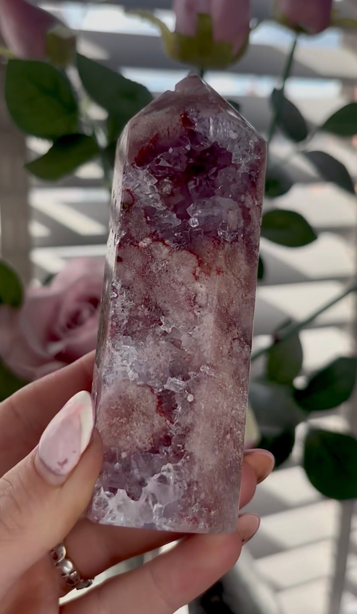 Beautiful, high quality, Pink amethyst tower with purple quartz
