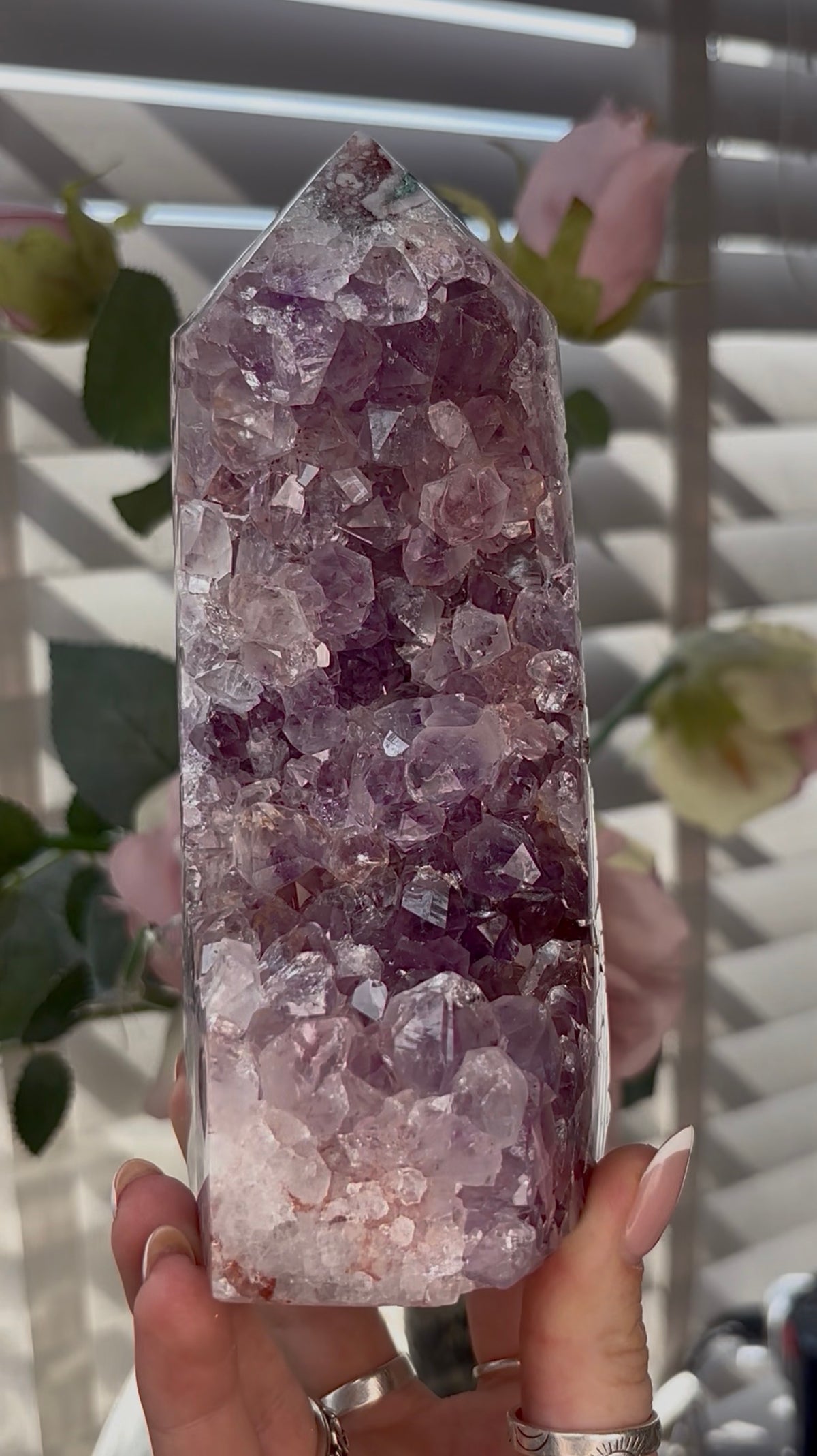 Beautiful, Pink amethyst tower with purple quartz teeth 17cm(h) by 7cm(w)