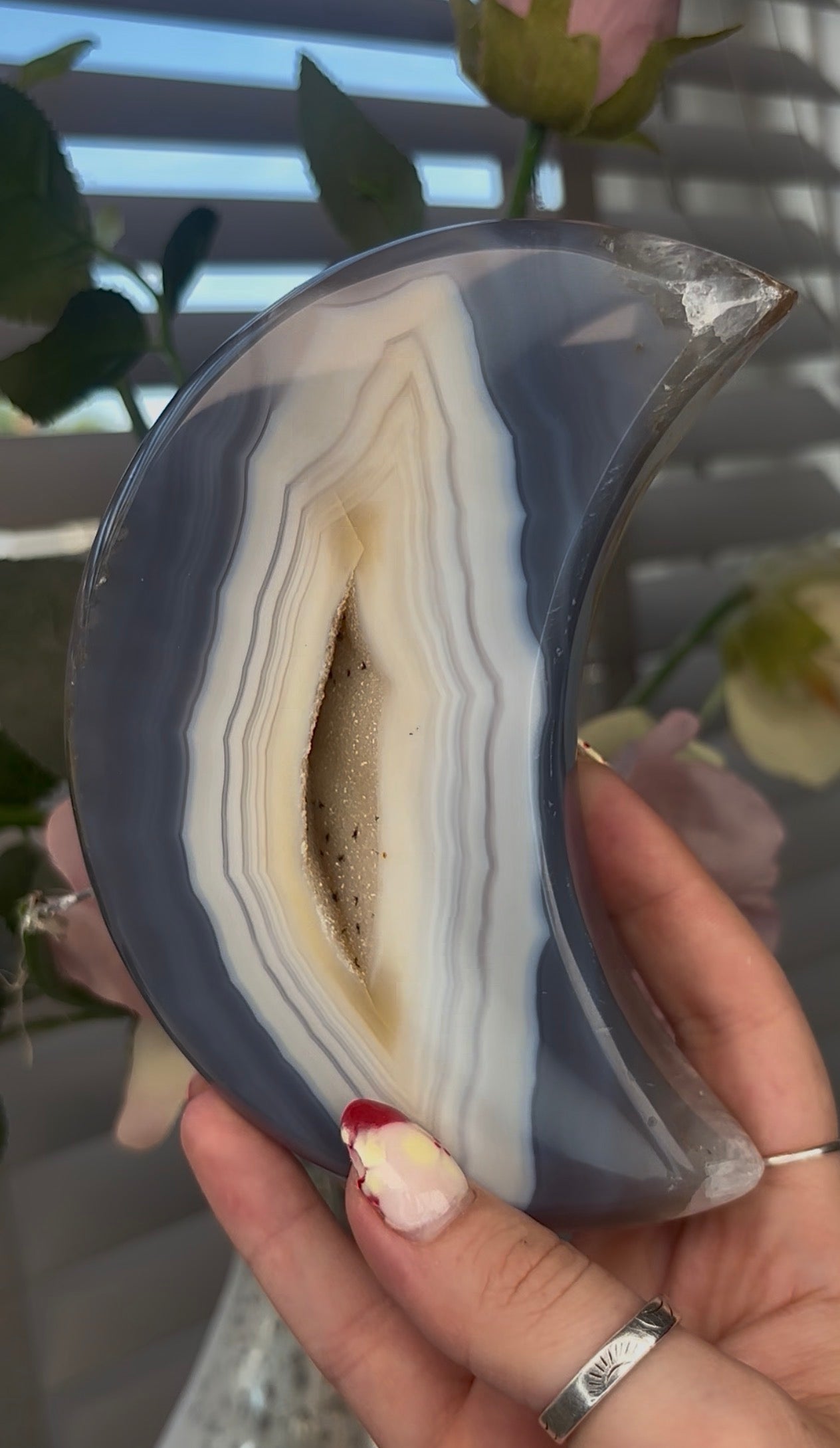 Beautiful, high quality, blue and lemon agate moon with druzy - stand included