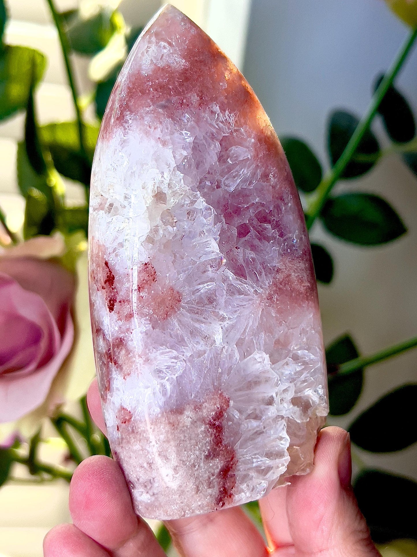High grade, pink amethyst flame with a red tone and quartz druzy