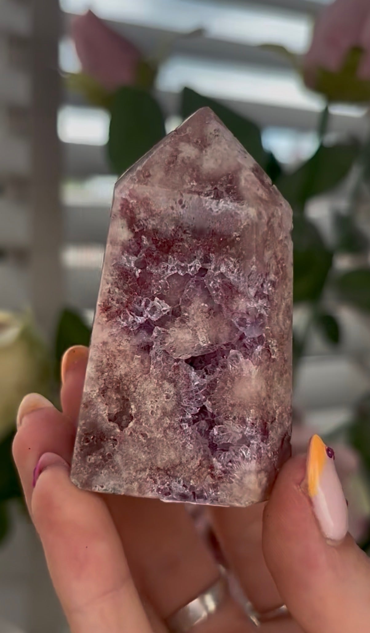 Pretty, high quality, Pink amethyst tower, with lilac quartz druzy