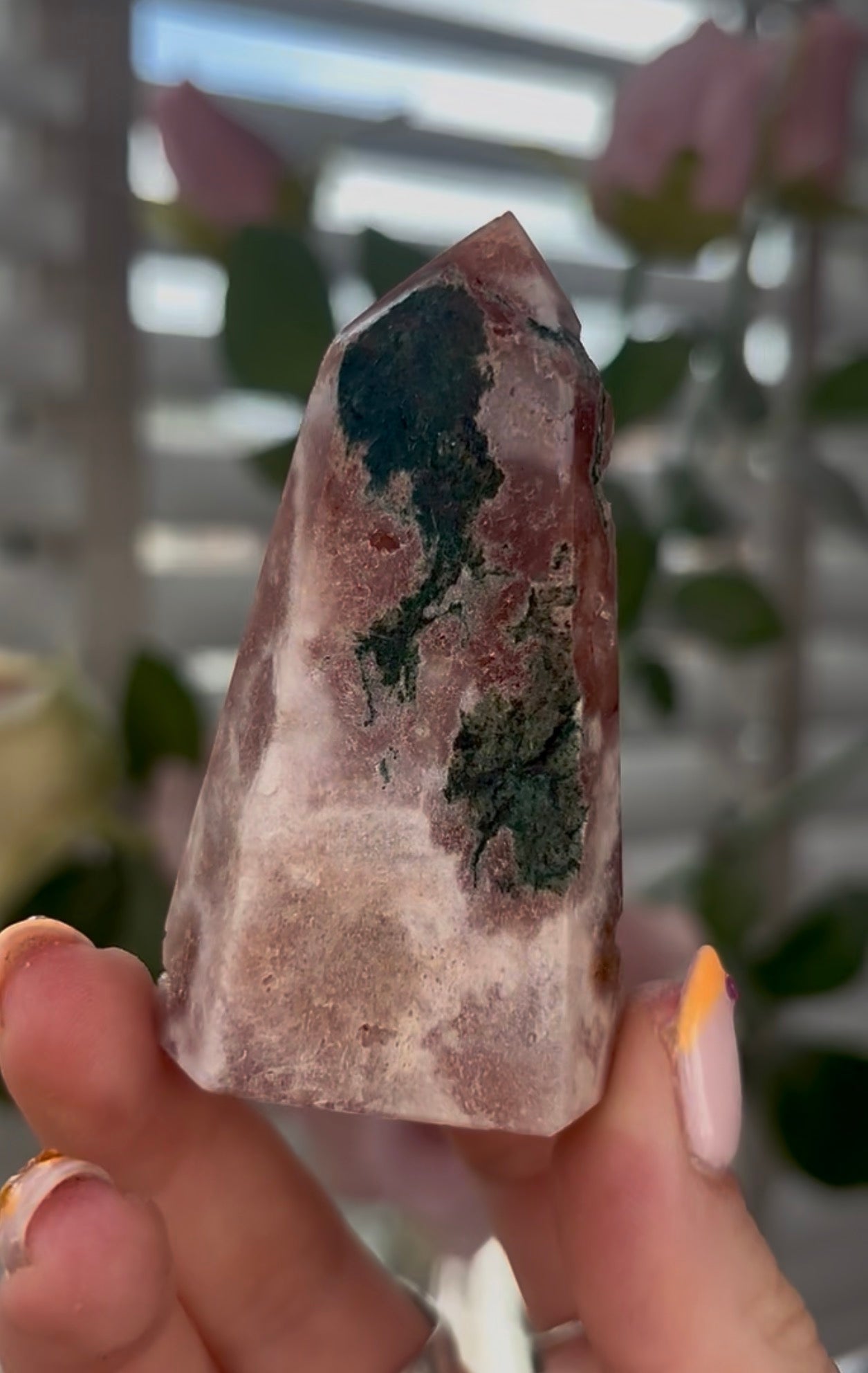 Beautiful, Pink amethyst tower in a burnt orange tone with green jasper
