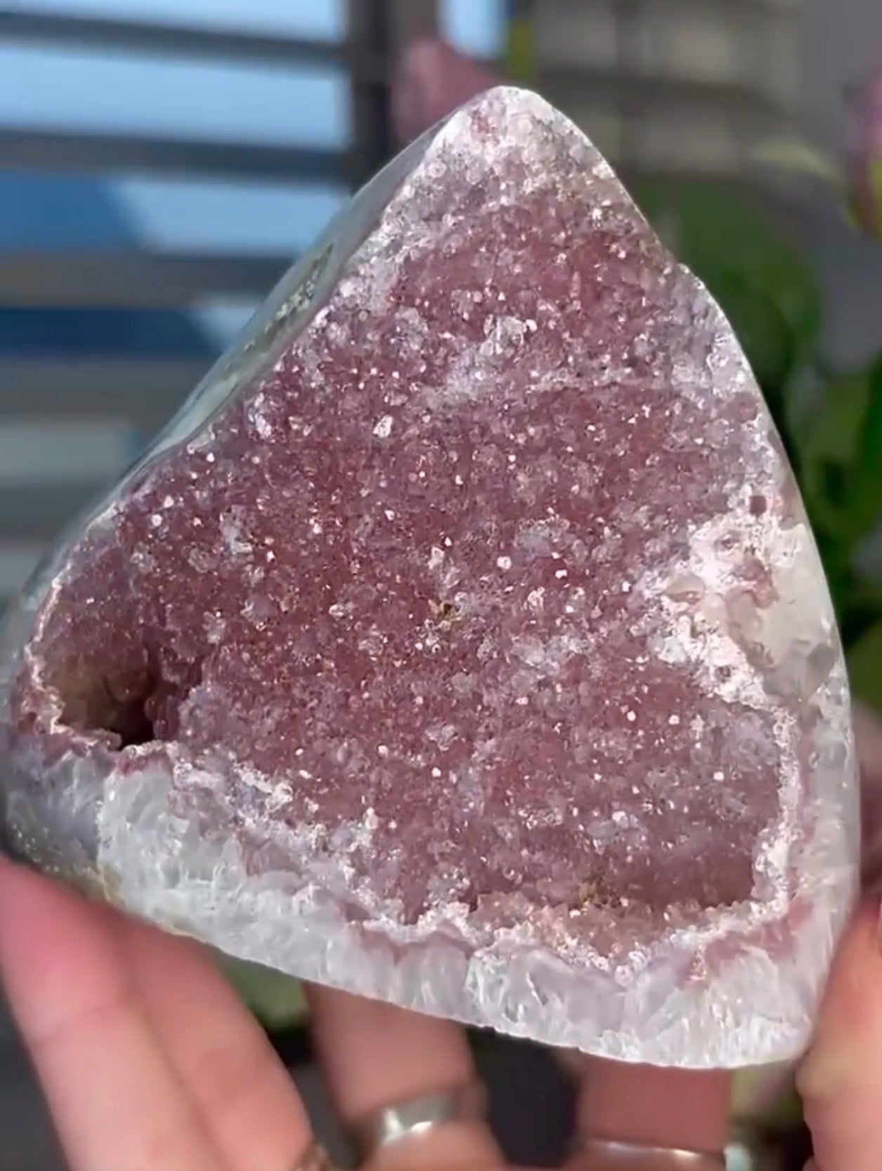 Pink Rainbow amethyst cutbase with a calcite base