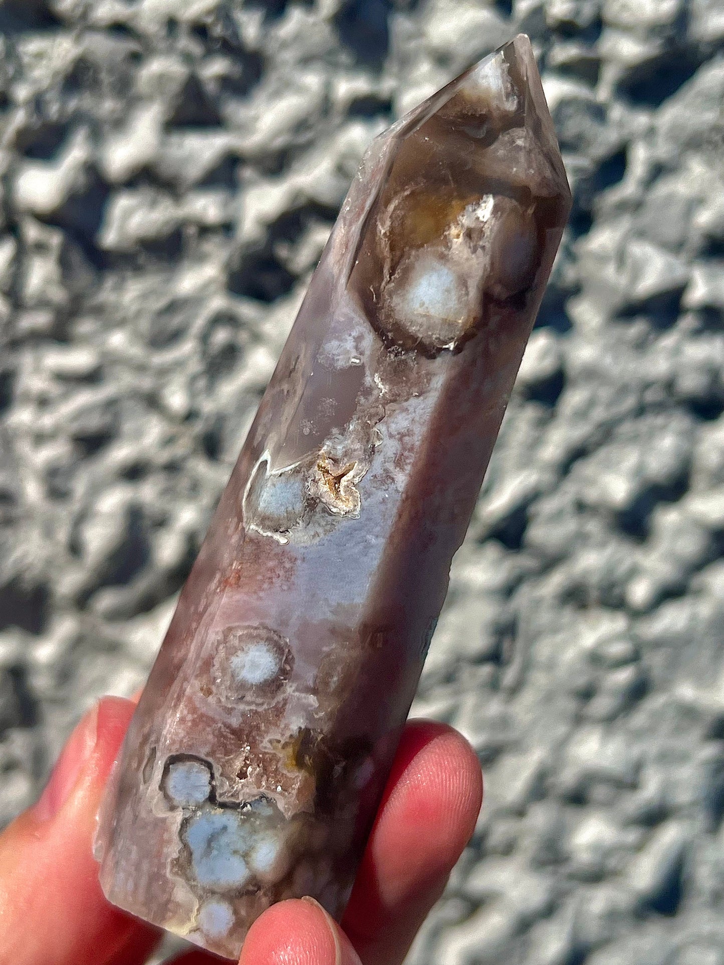 Black flower agate tower with pink amethyst