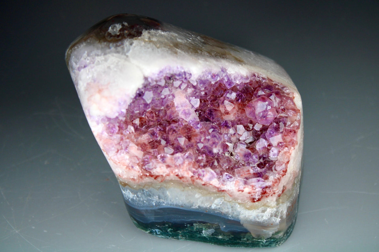 Incredible, berry, pink amethyst, agate, freeform withy quartz that is full of rainbows and moss agate, green jasper