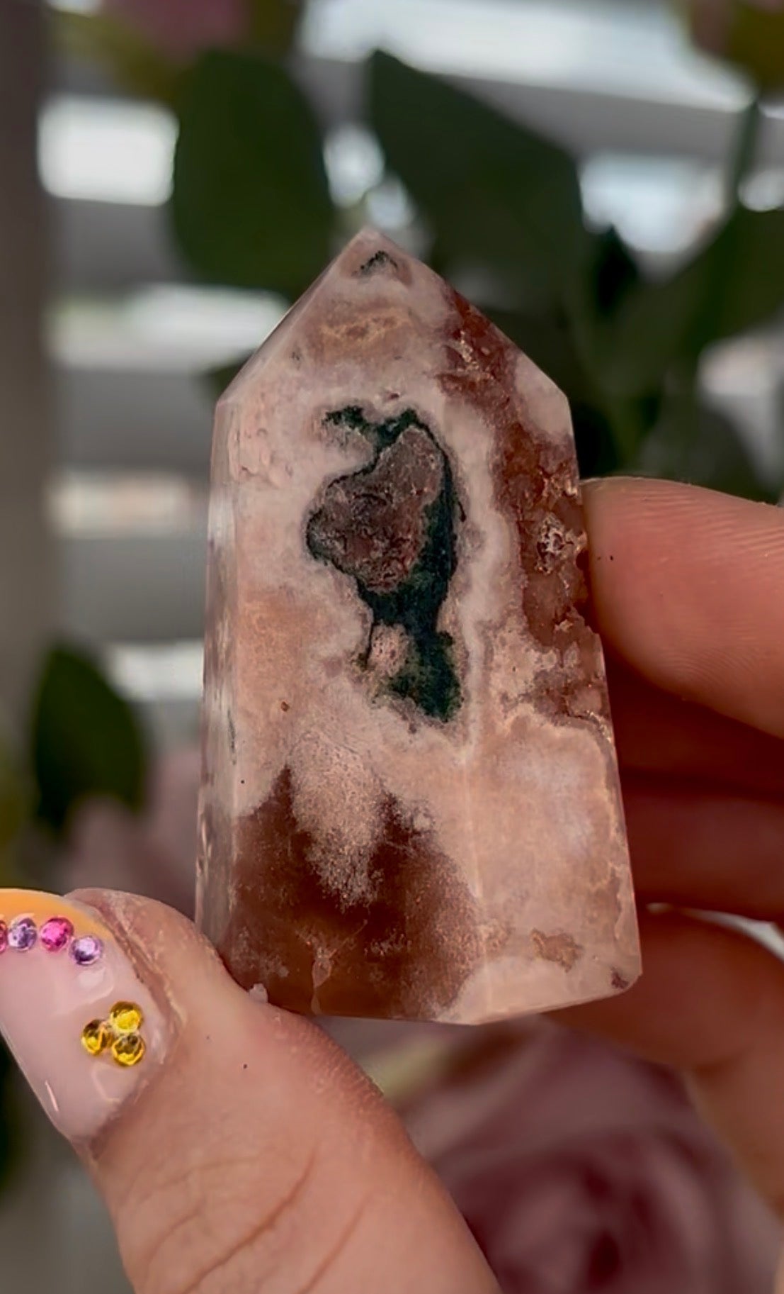 Mini, Pink amethyst tower in burnt orange tones with chewing gum druzy