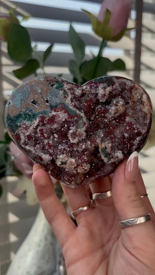 Gorgeous, high quality, pink amethyst heart with Jasper - comes with stand