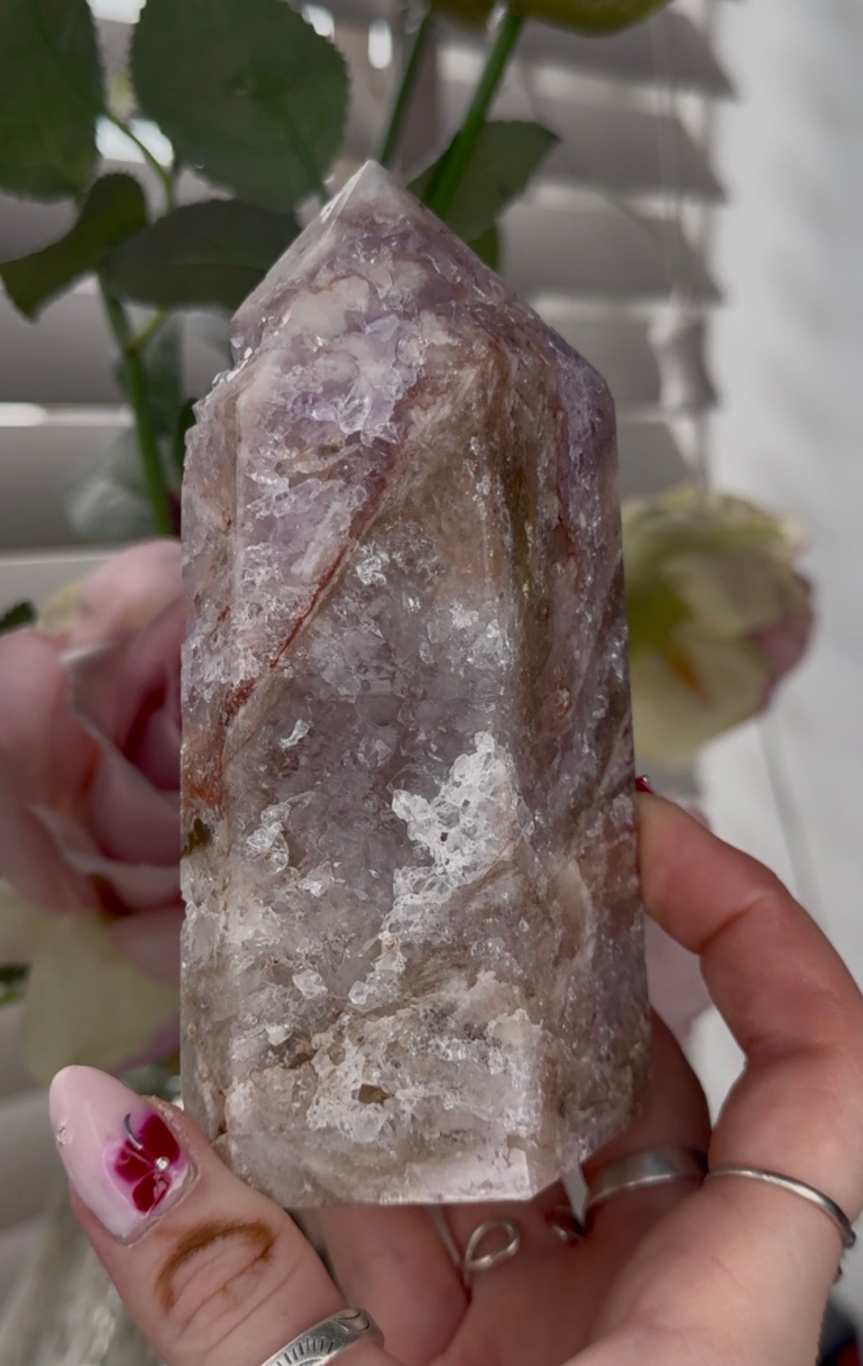 High quality Pink amethyst tower with agate, jasper & rutile 13cm(h) 7cm(w)