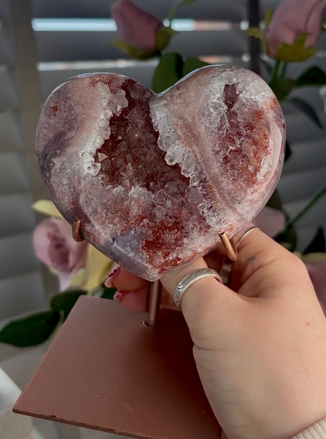 High quality pink amethyst heart - comes with stand