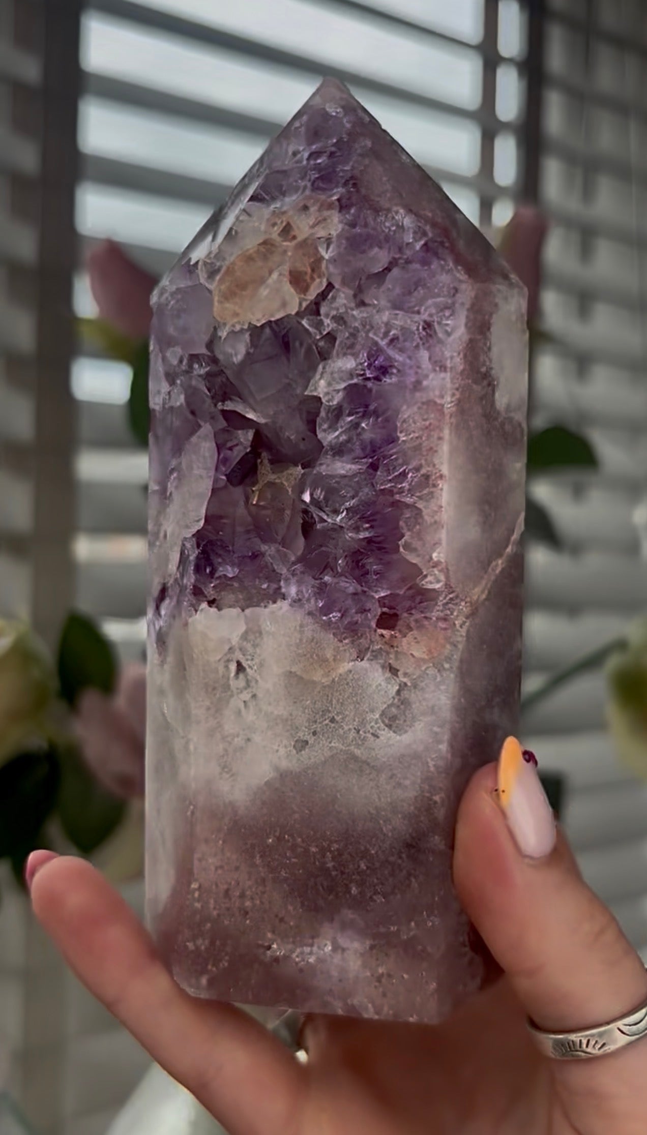 High quality, Pink amethyst tower, with purple quartz druzy