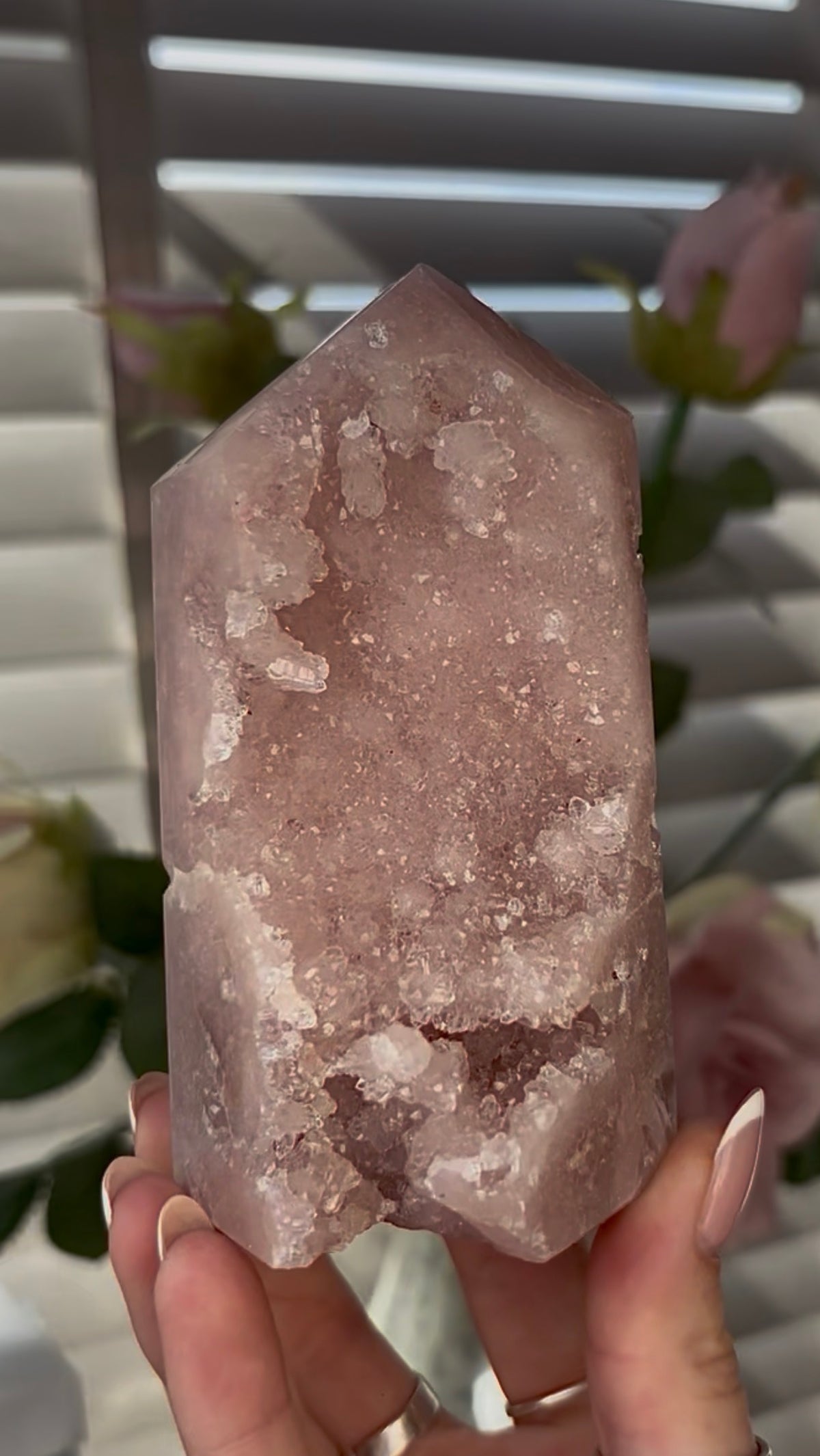 Beautiful, high quality, Pink amethyst tower 11.5cm(h) by 6cm(w)