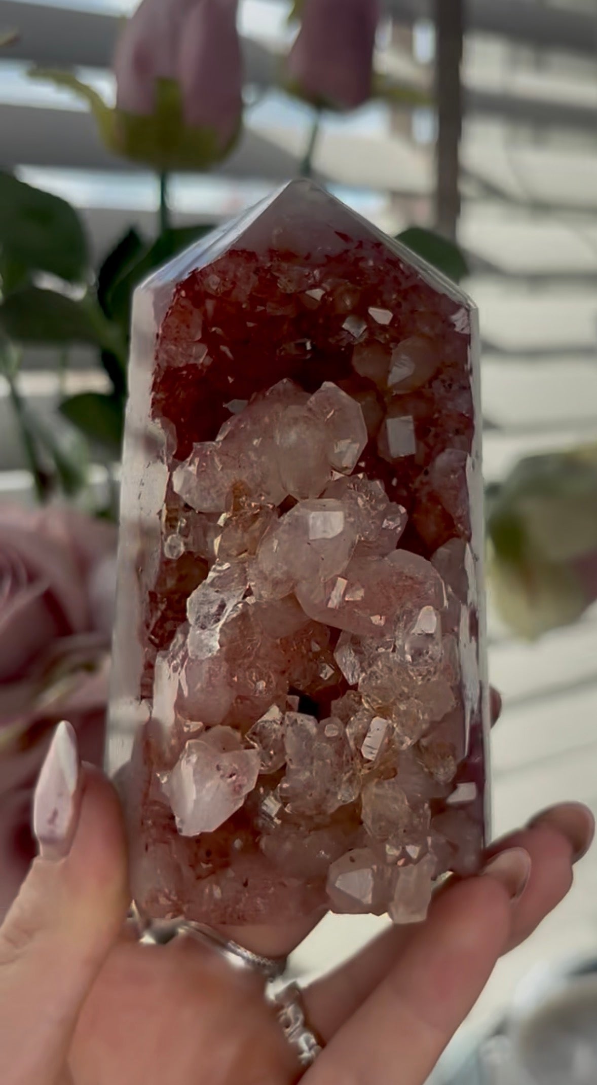 Beautiful, high quality, Pink amethyst tower in burnt orange/red tones with chewing gum druzy