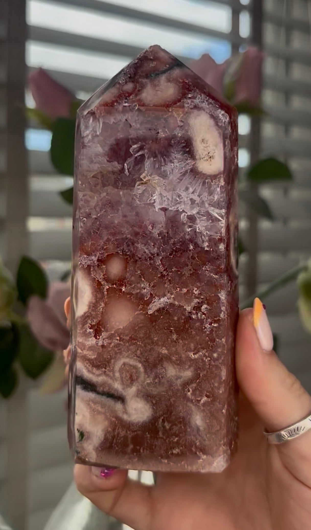 Beautiful, high quality, Pink amethyst tower with Green jasper