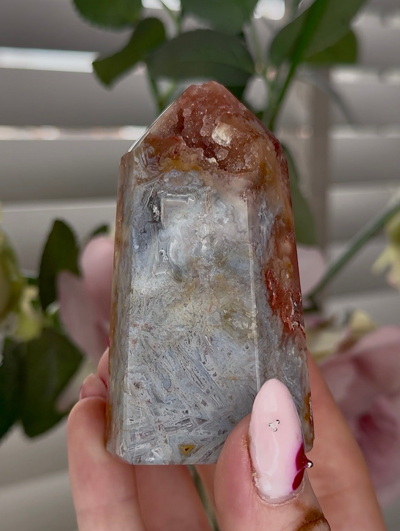Pink amethyst tower with with agate & golden healer inclusions 8cm by 4.5cm