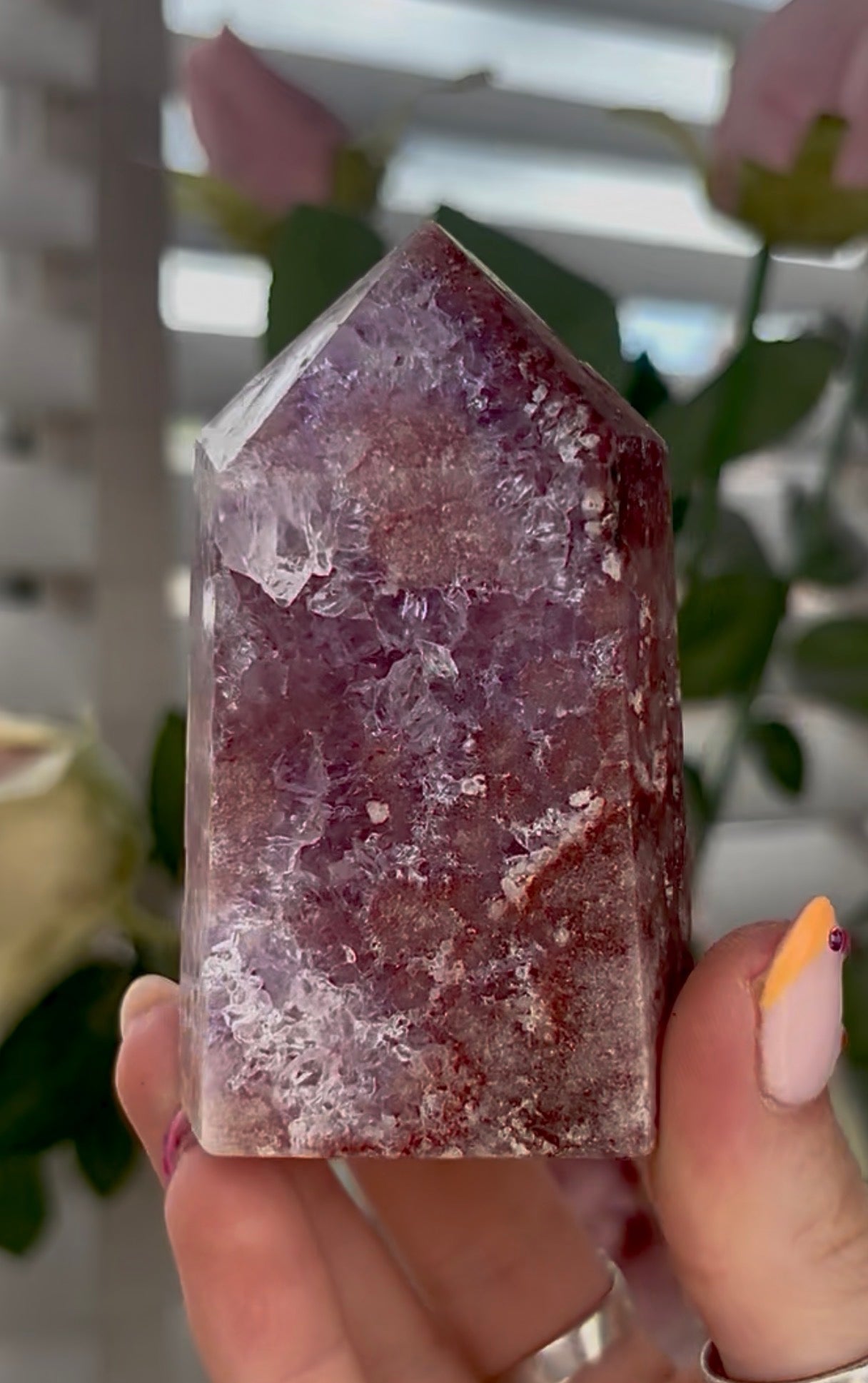 Pretty, high quality, Pink amethyst tower, with lilac quartz druzy