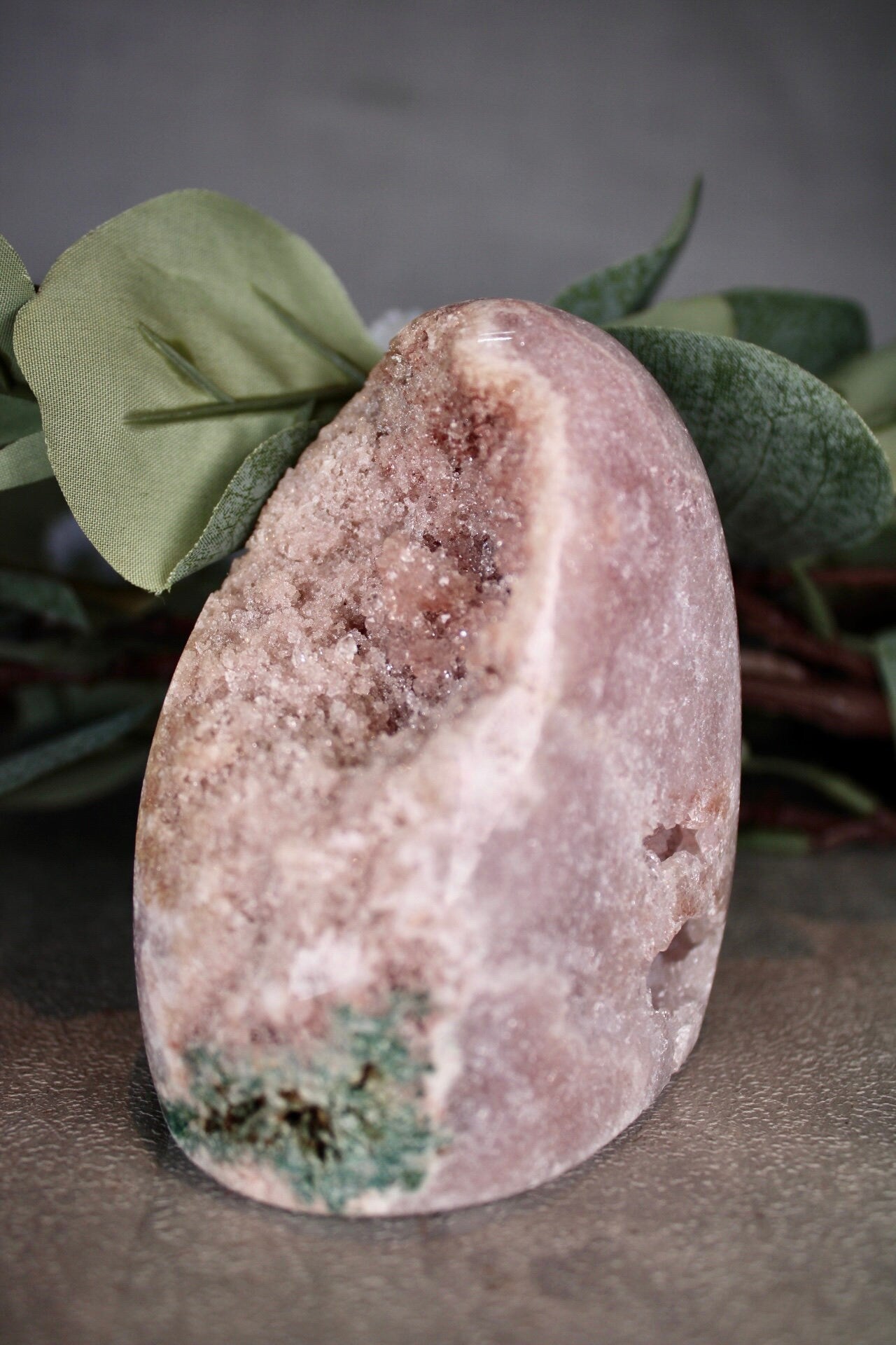 Pink amethyst freeform with green jasper from Brazil