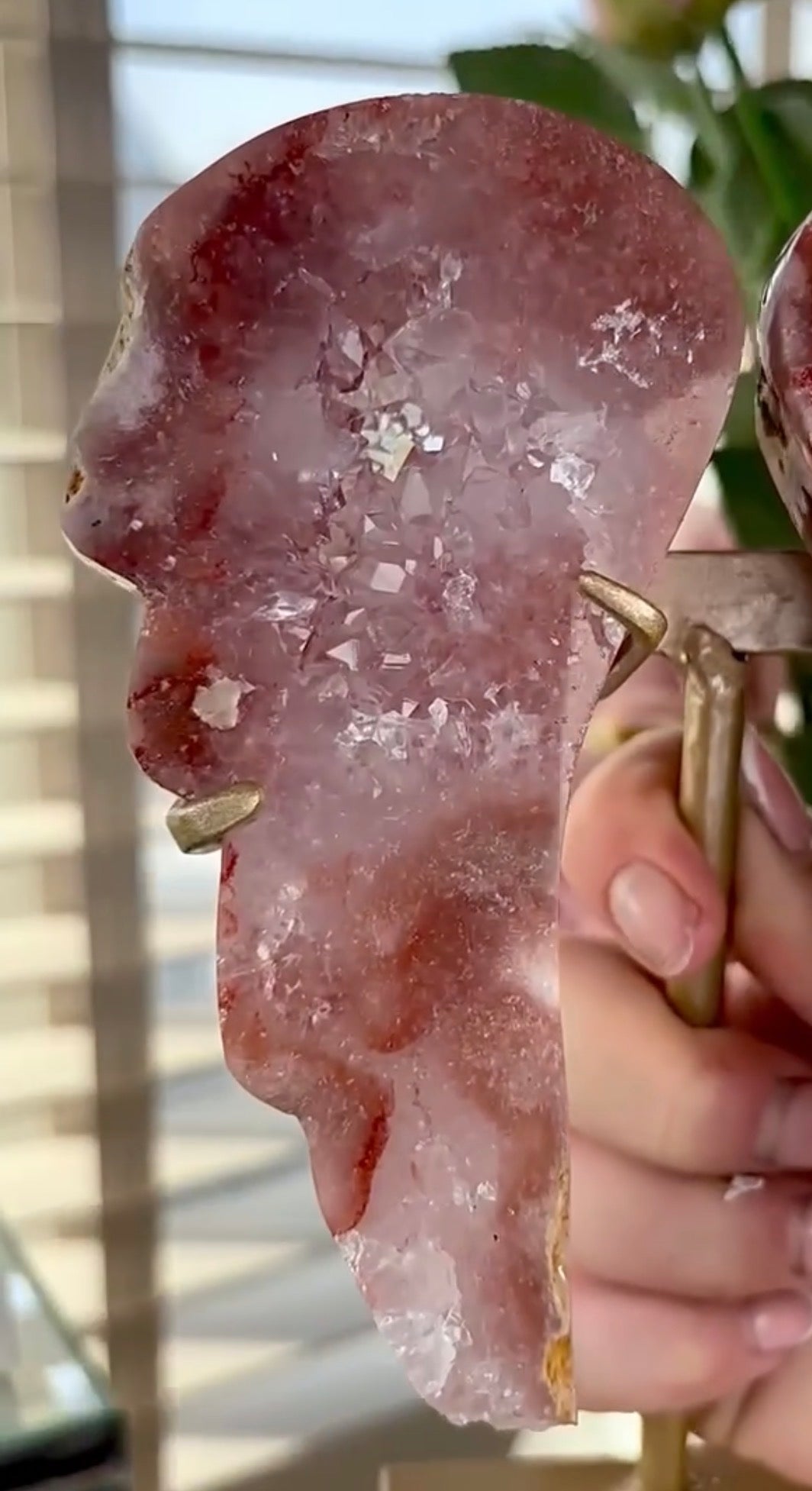 High quality, pink amethyst wings in reddish/deep pink tone - comes with stand
