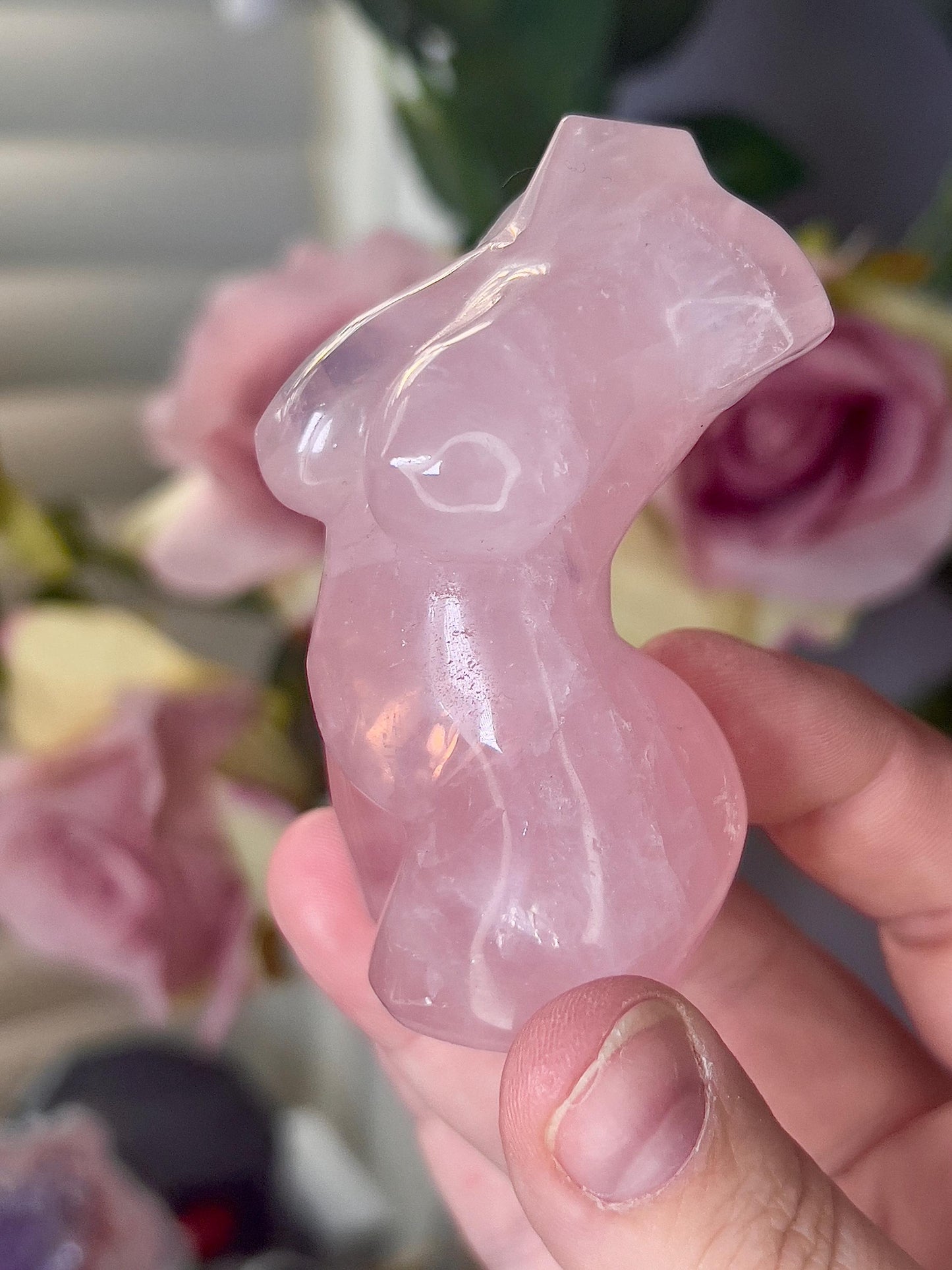 High grade, rose quartz curvy lady with rainbow