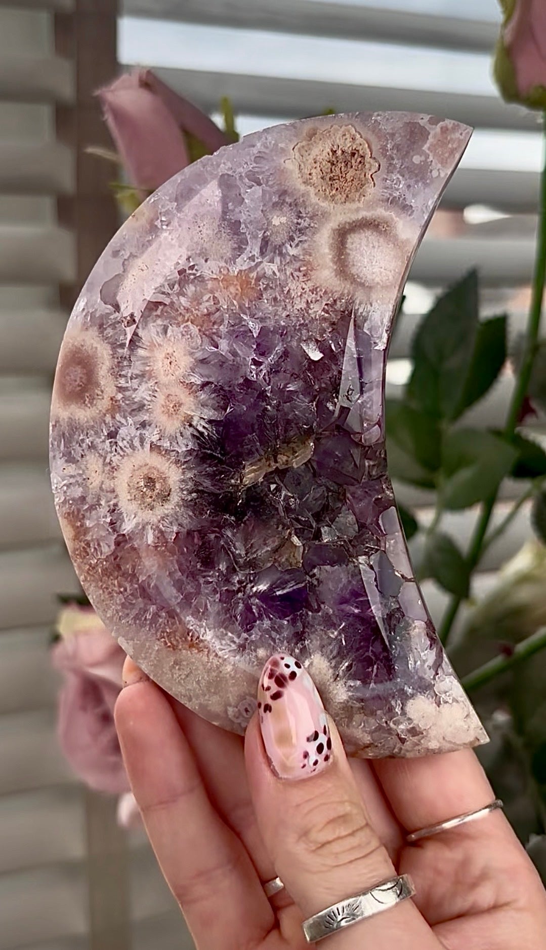 High grade, amethyst Flower agate moon with high clarity quartz