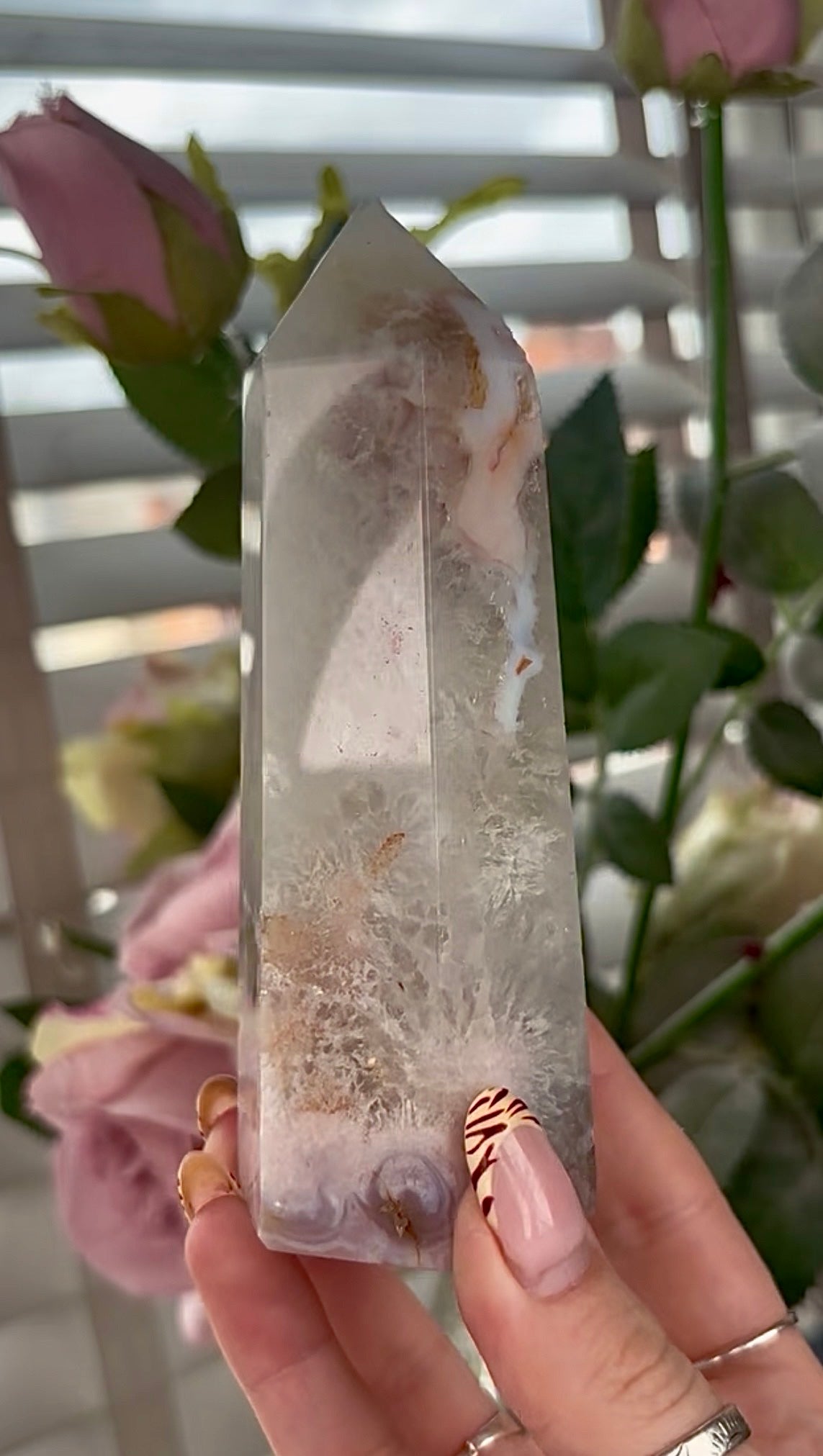 Stunning!! Super high quality, Druzy, green chlorite x blue flower agate tower