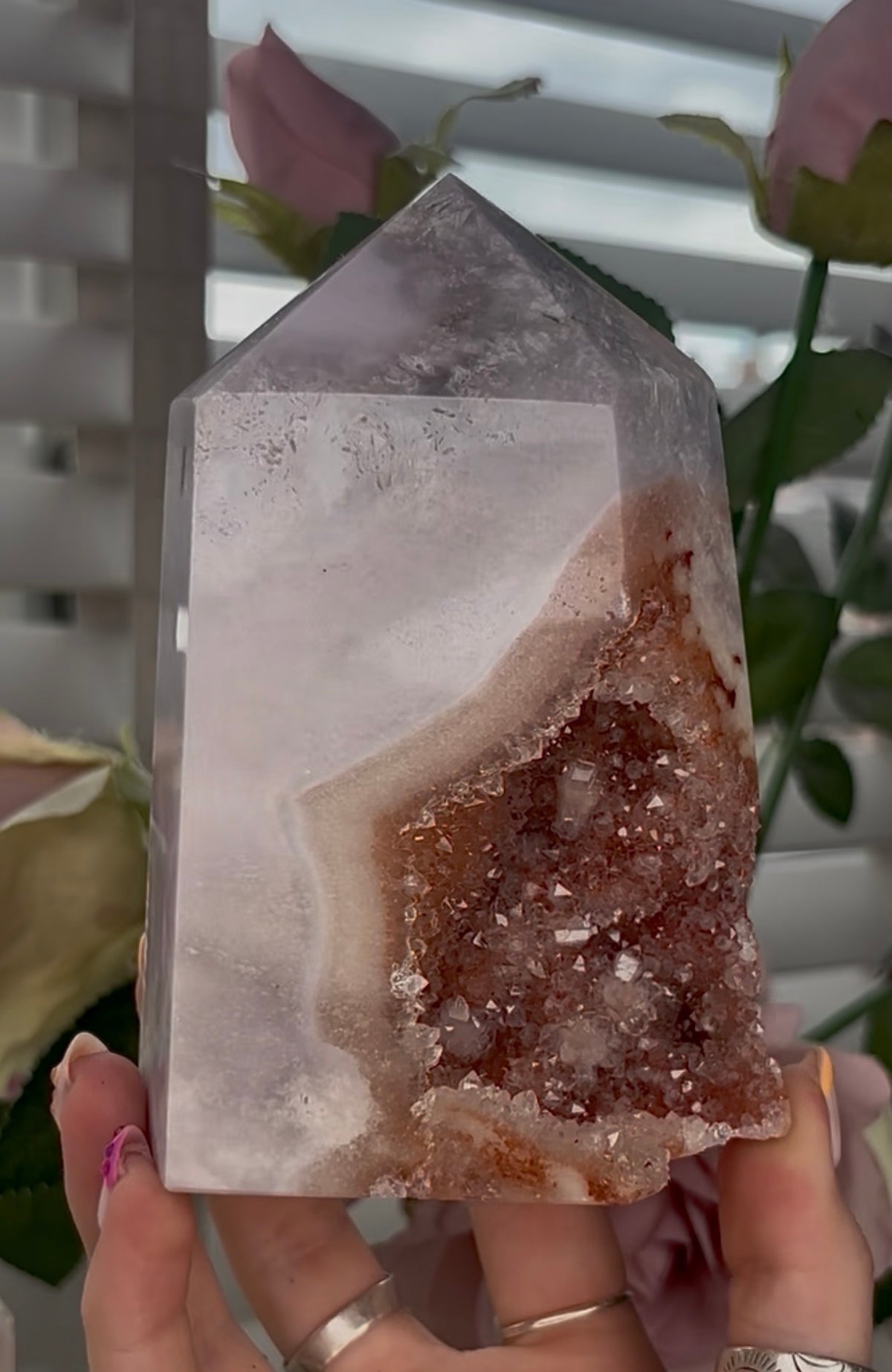 Large, High quality, Pink amethyst tower, with orange druzy