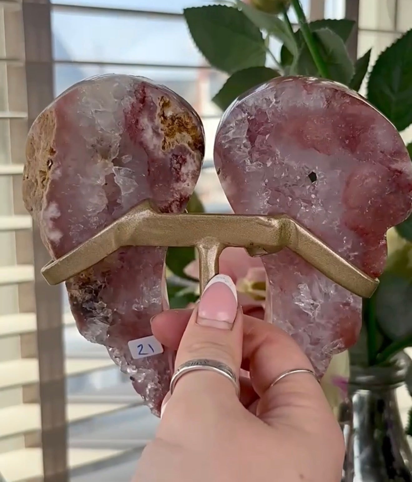 High quality, pink amethyst wings in reddish/deep pink tone - comes with stand