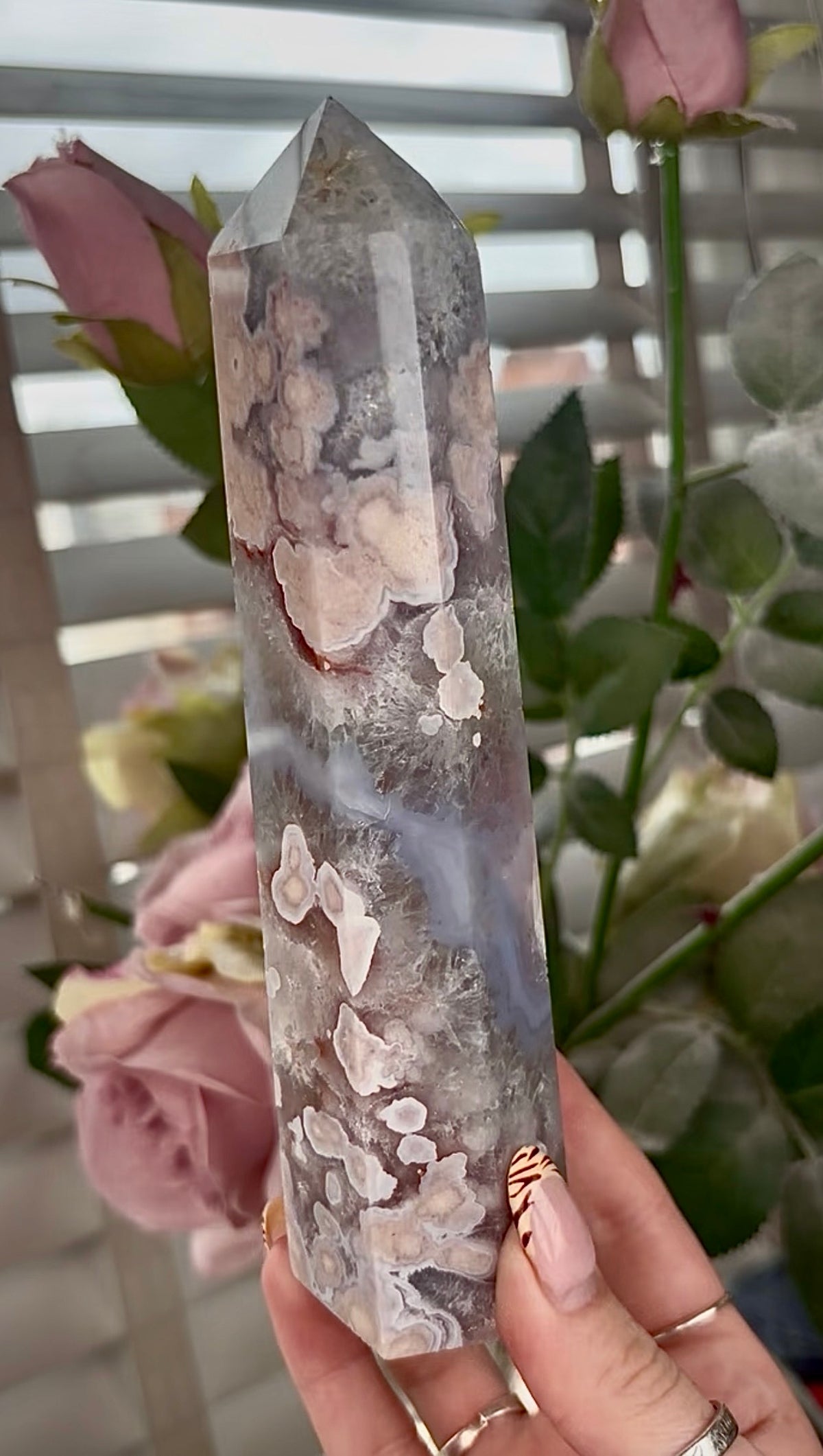 Stunning!! Super high quality, Druzy, green chlorite x blue flower agate tower