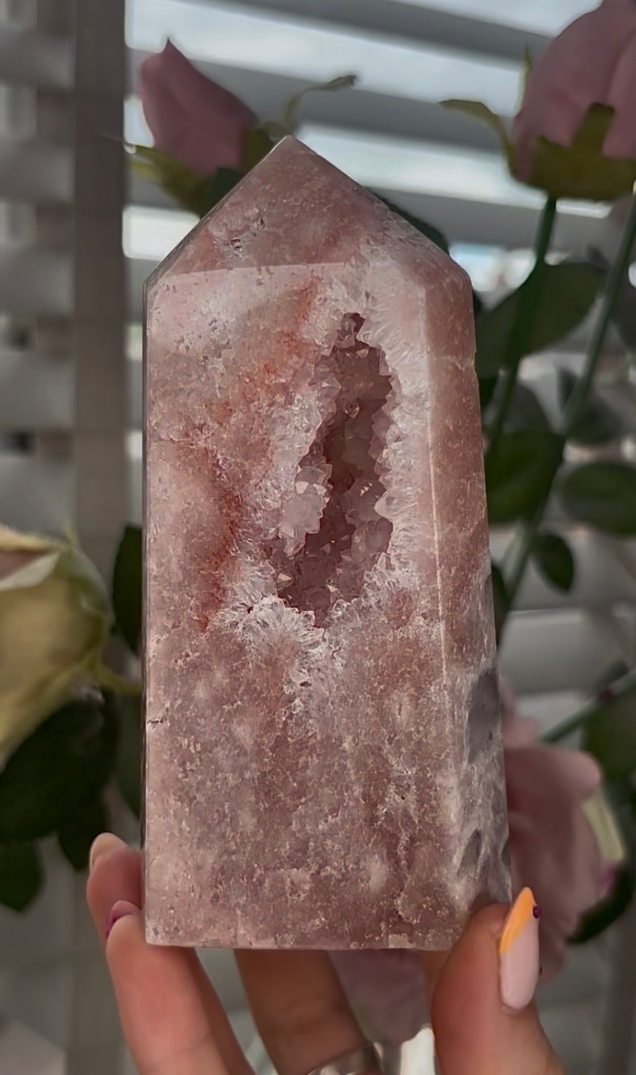 Pretty, Pink amethyst tower, with quartz druzy