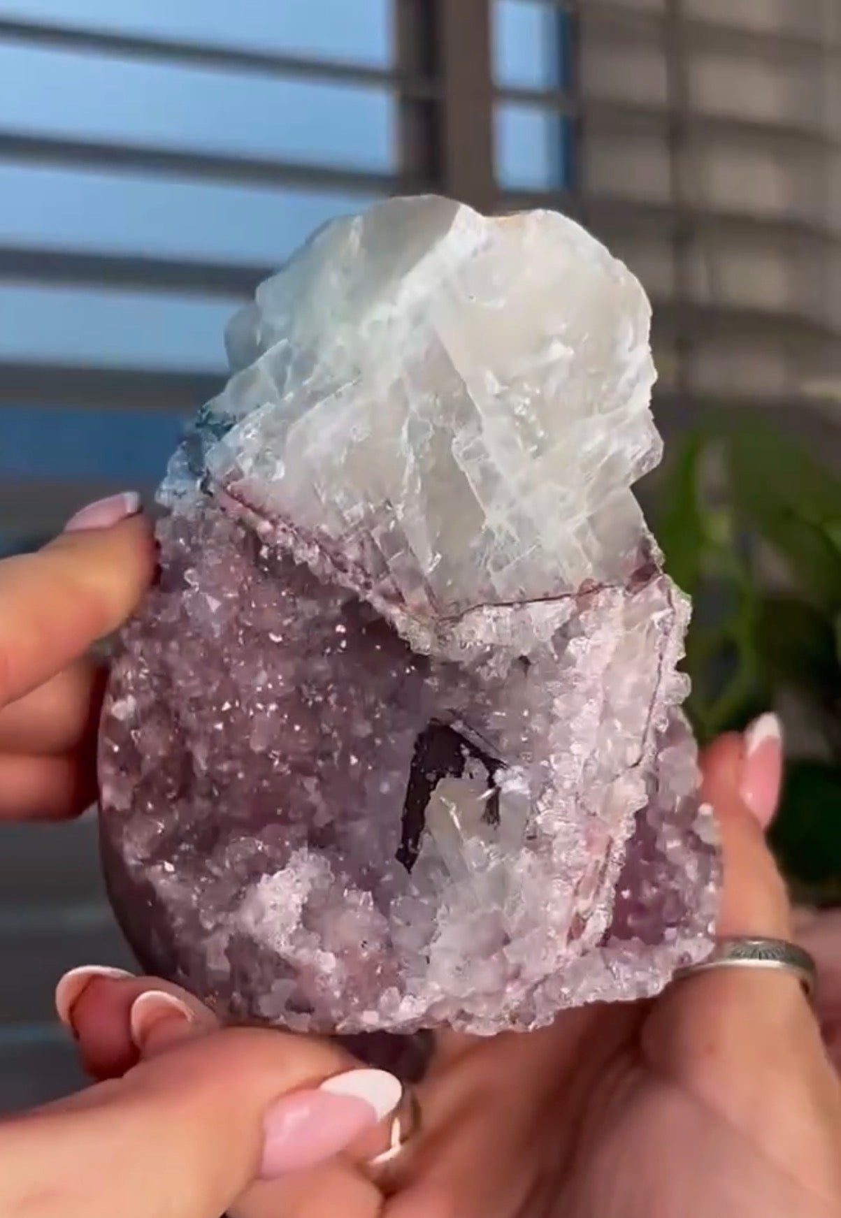 High quality, lavender, pink toned, double cave rainbow amethyst, cutbase with calcite