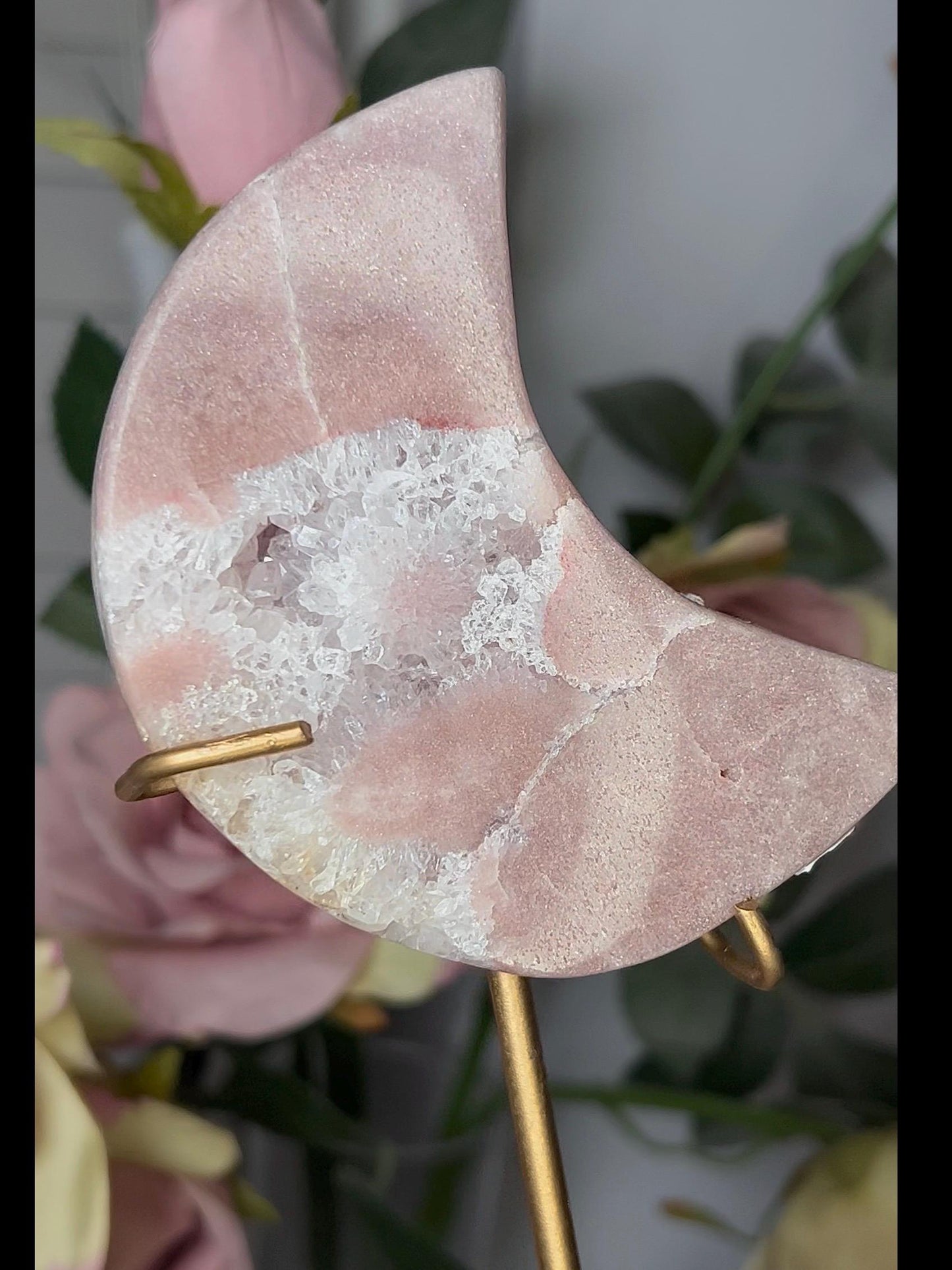 High grade, pink amethyst moon with quartz flowers and red hematite lining